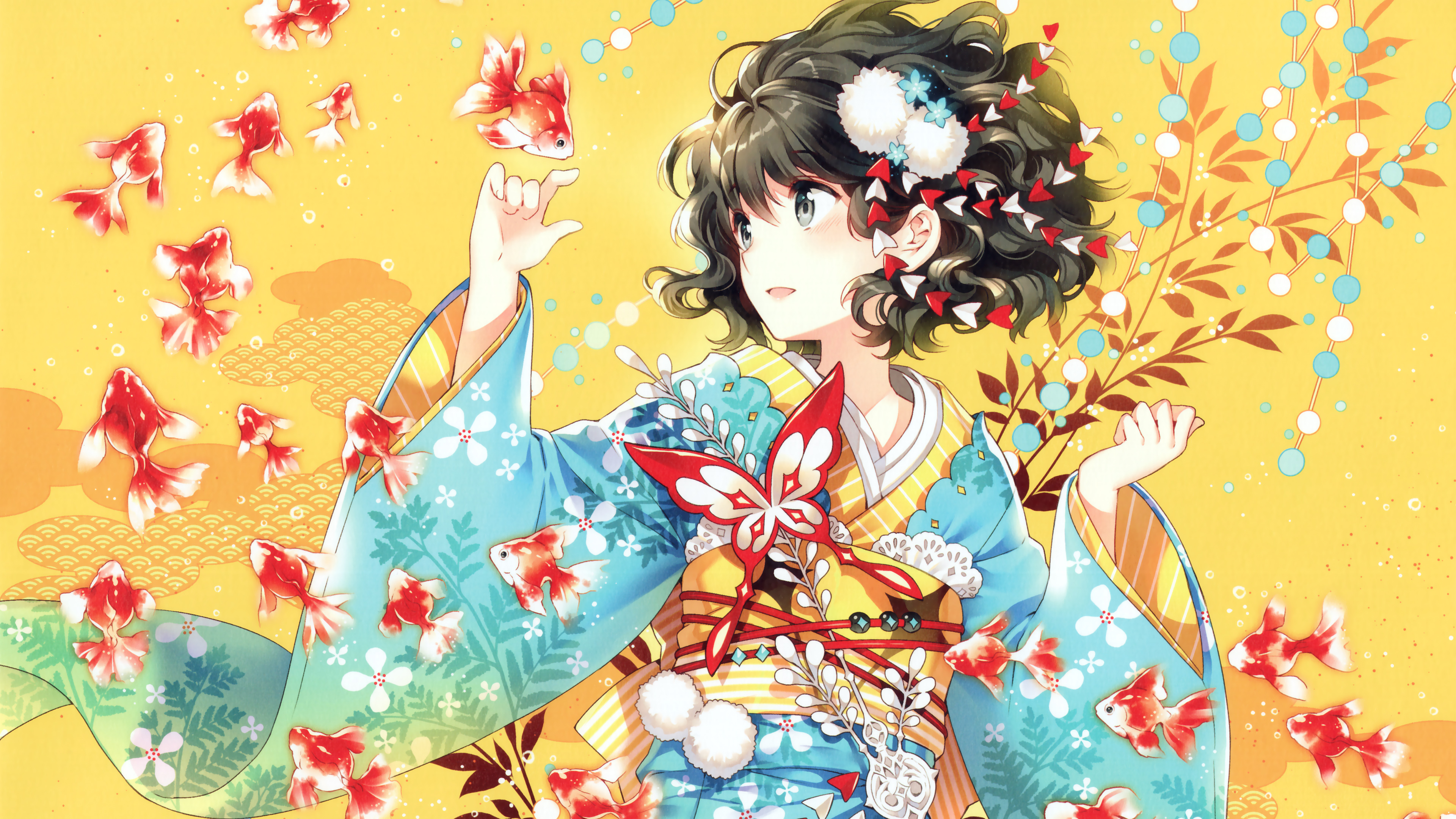 PC Wallpapers anime, original, black hair, fish, flower, kimono, short hair