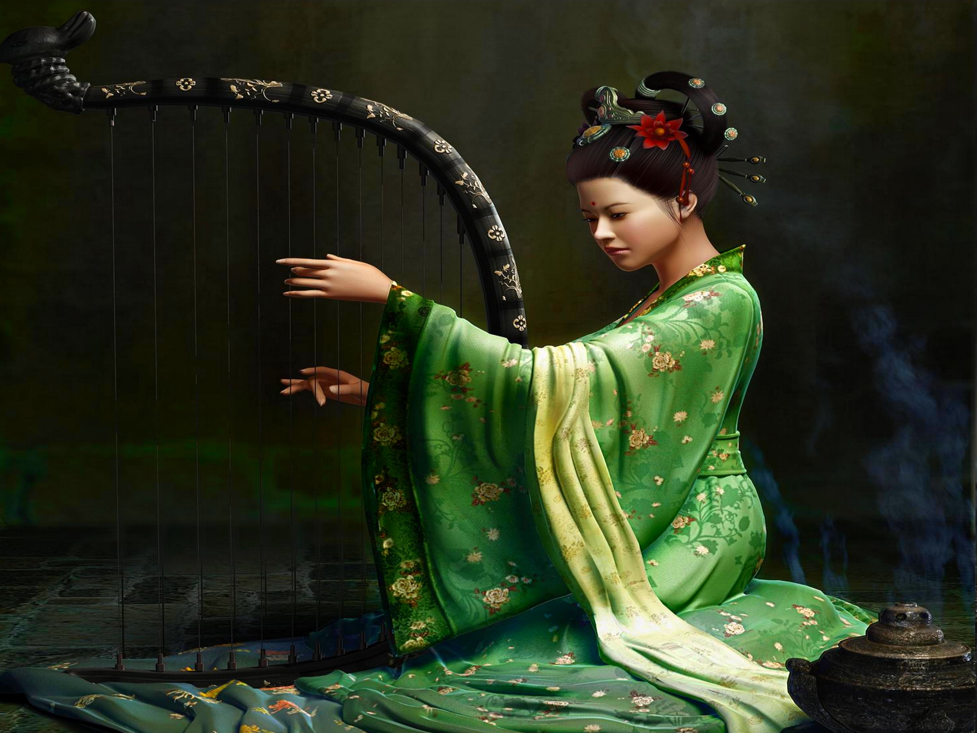 Фэнтези девушка в зеленом кимоно