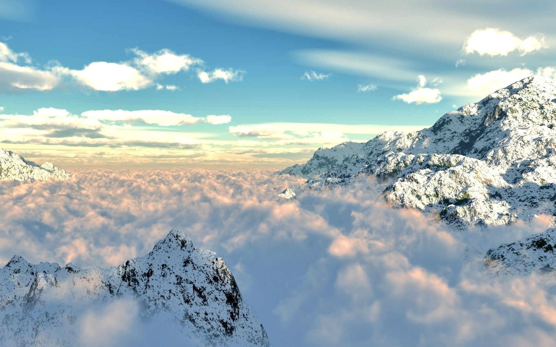 nature, mountains, clouds, snow, patterns, height, shroud, cover, azure, purity, clarity Full HD