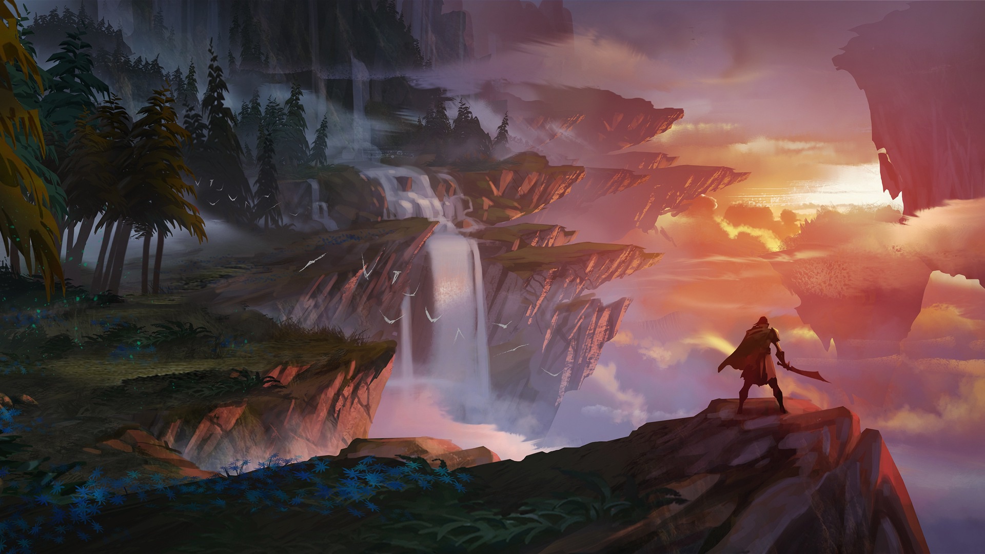 floating island, video game, dauntless, nature, sword, warrior, waterfall mobile wallpaper