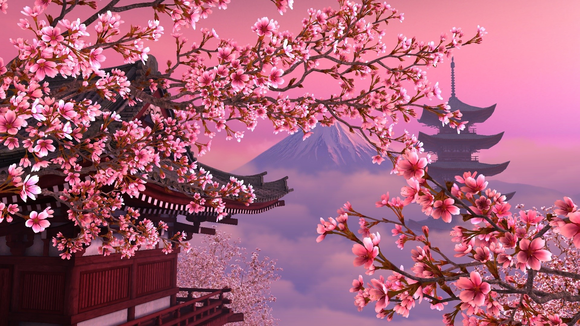 sakura, cherry blossom, japanese, artistic, pagoda QHD