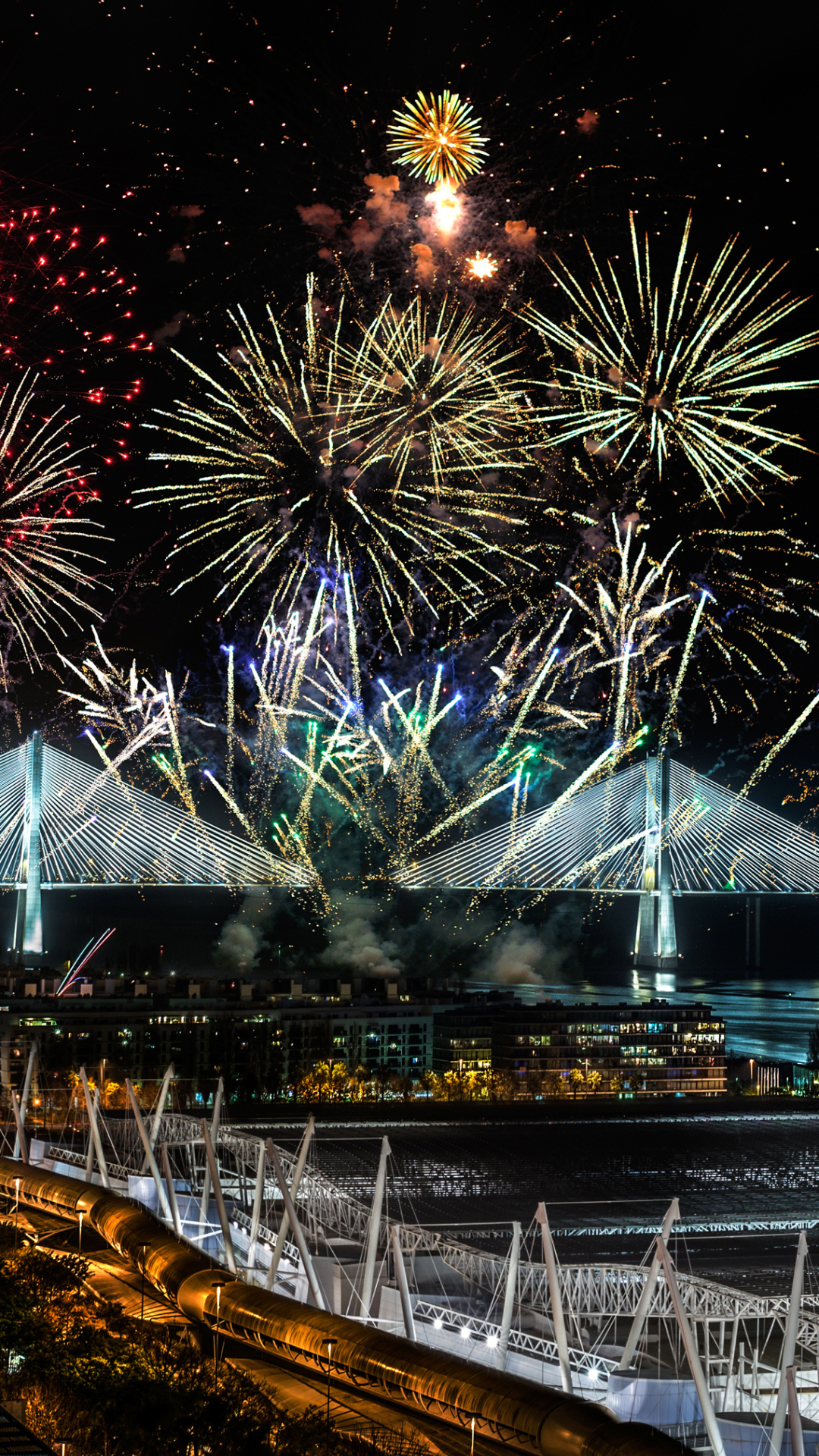 lisbon, photography, fireworks, portugal, bridge vasco da gama, new year, night 32K