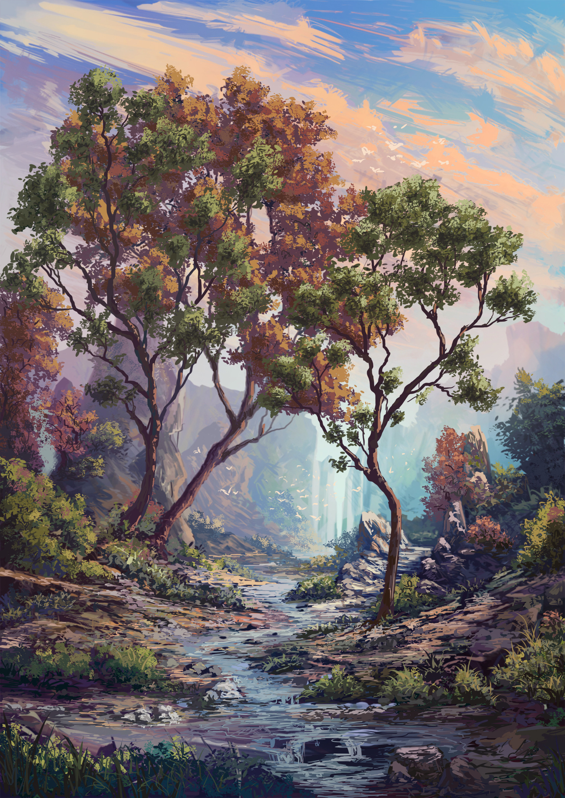 vertical wallpaper art, rivers, trees, bird