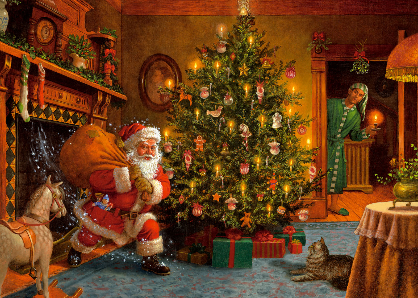 christmas, santa, holiday, christmas tree, living room