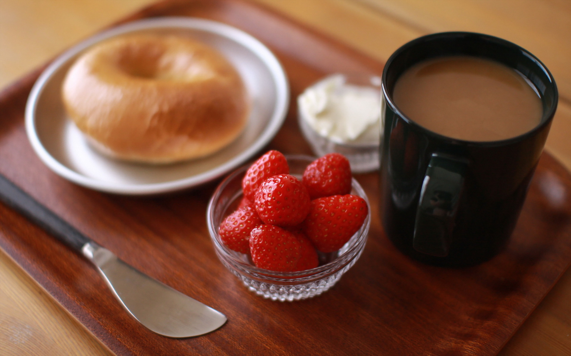 mug, food, breakfast, bagel, coffee, still life, strawberry Full HD