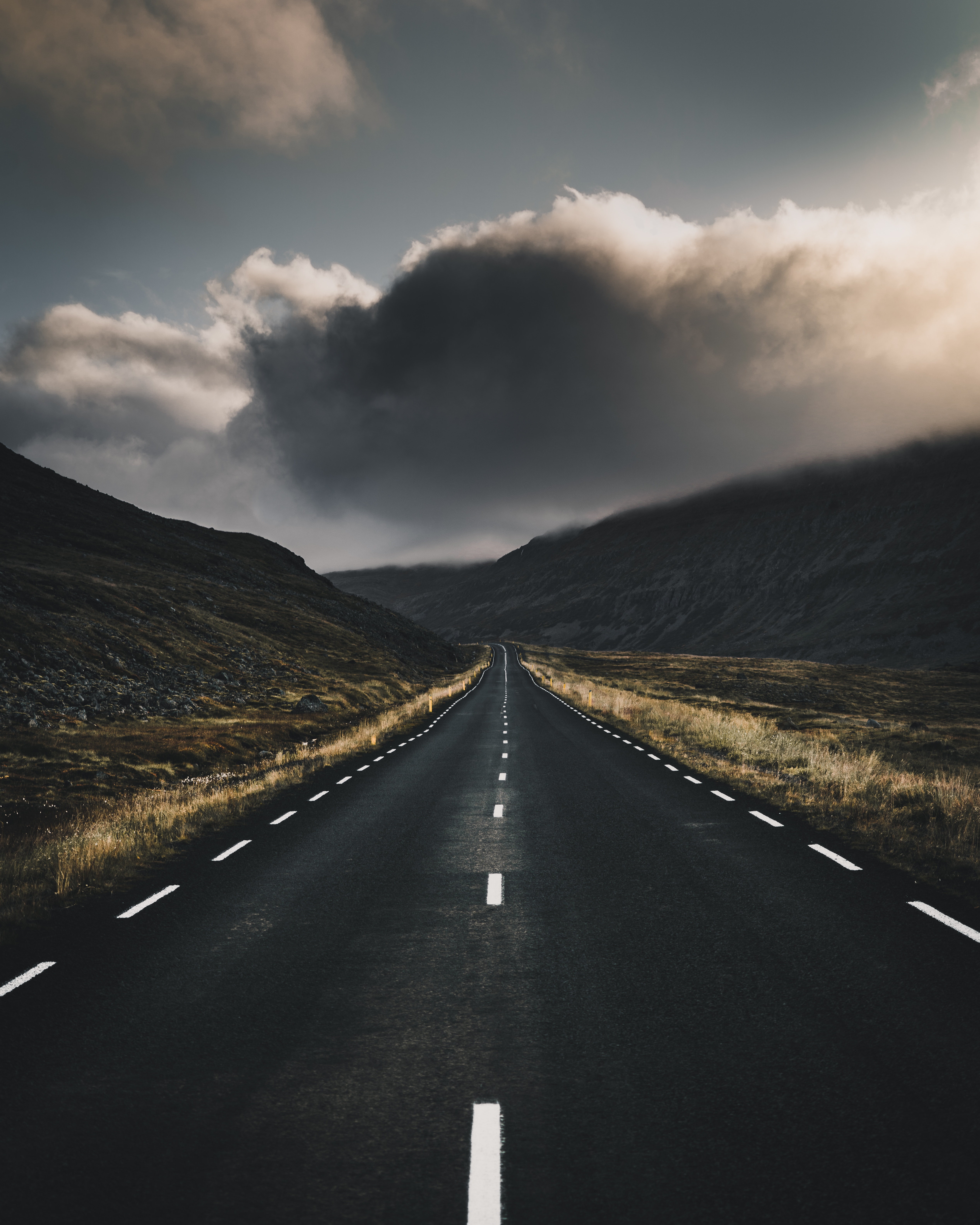 Download mobile wallpaper Road, Turn, Markup, Clouds, Nature for free.