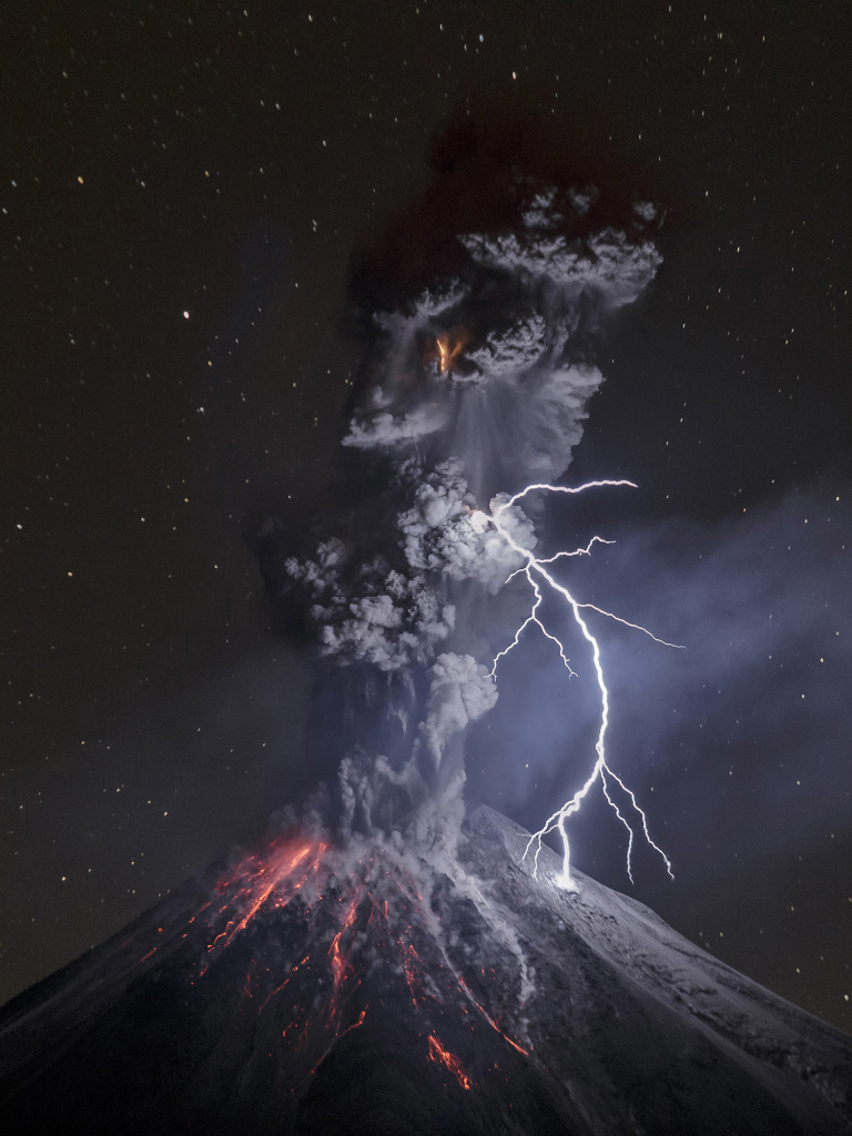 earth, volcano, smoke, eruption, night, lightning, stars, volcanoes
