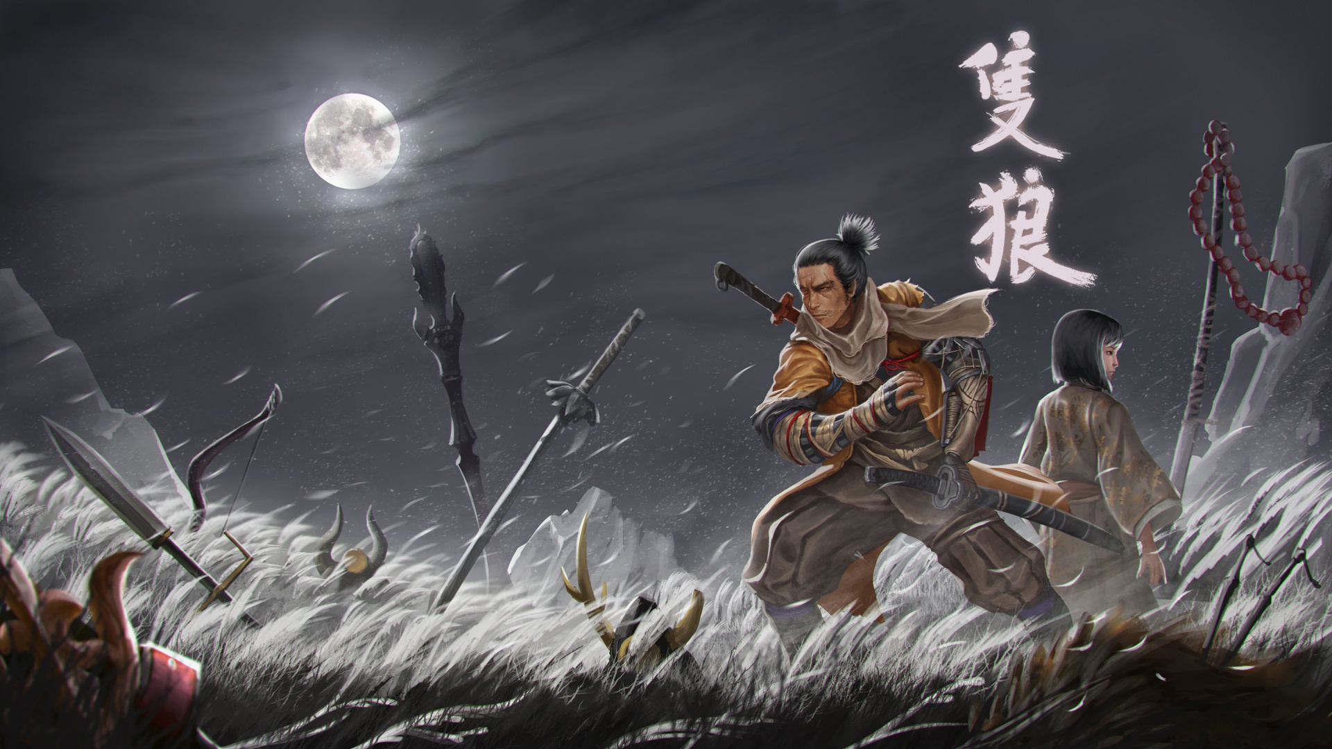 full moon, video game, sekiro: shadows die twice, katana, night, sword, warrior