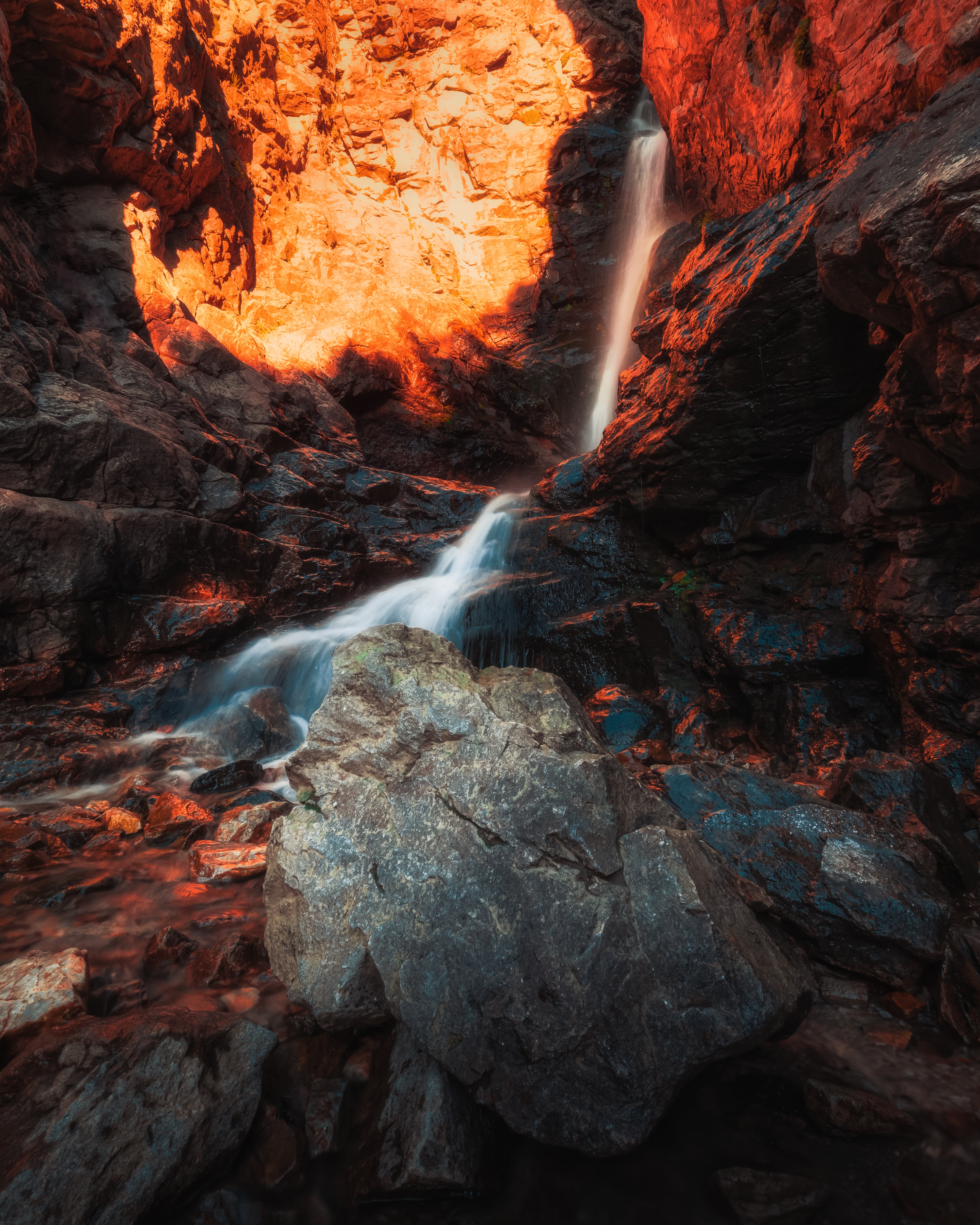 rocks, nature, stones, shine, light, waterfall, flow, stream cellphone