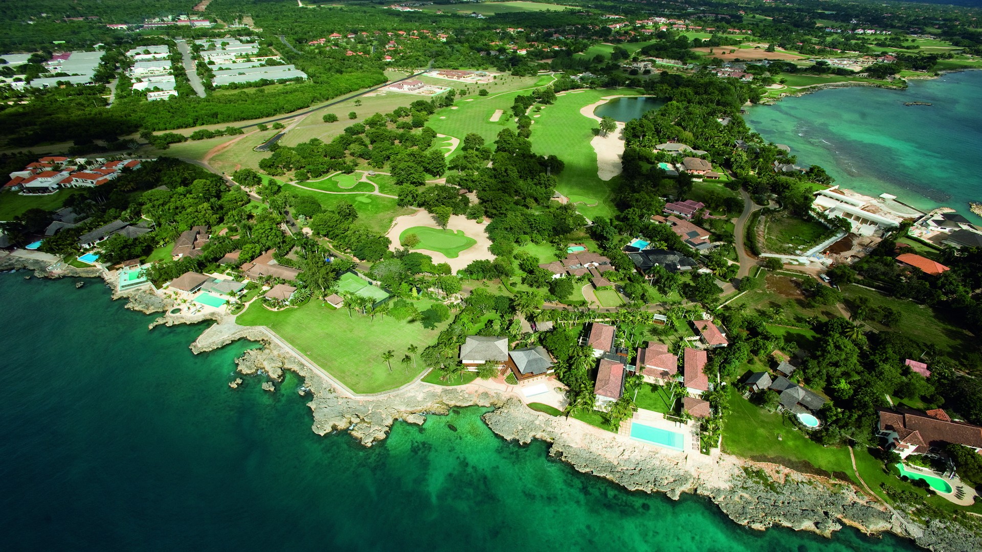 android golf course, photography, place, aerial, coast, house, ocean