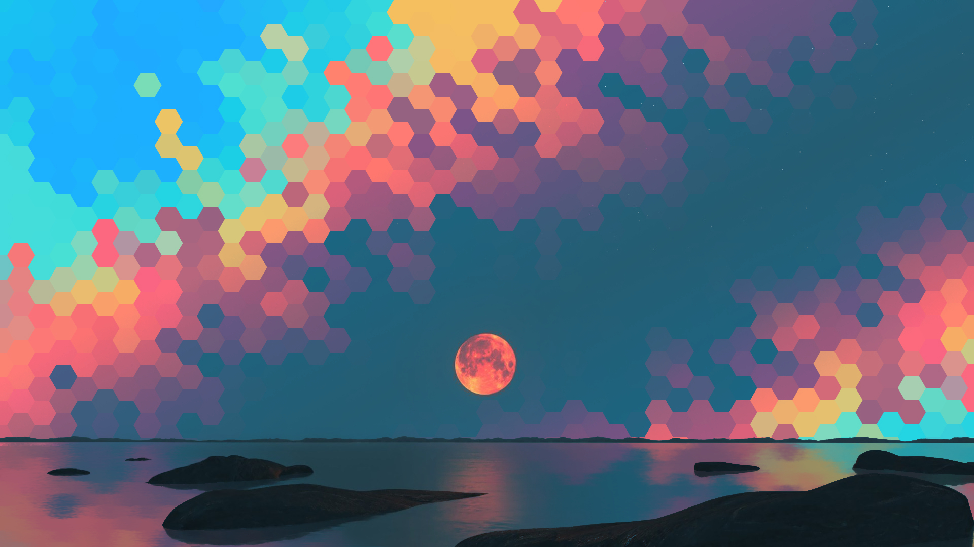 cyan, geometry, sea, orange (color), hexagon, abstract, moon, sky, teal