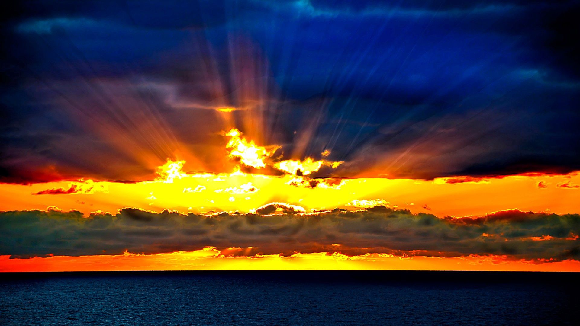 nature, sunset, sky, sea, sun, orange, horizon, beams, rays