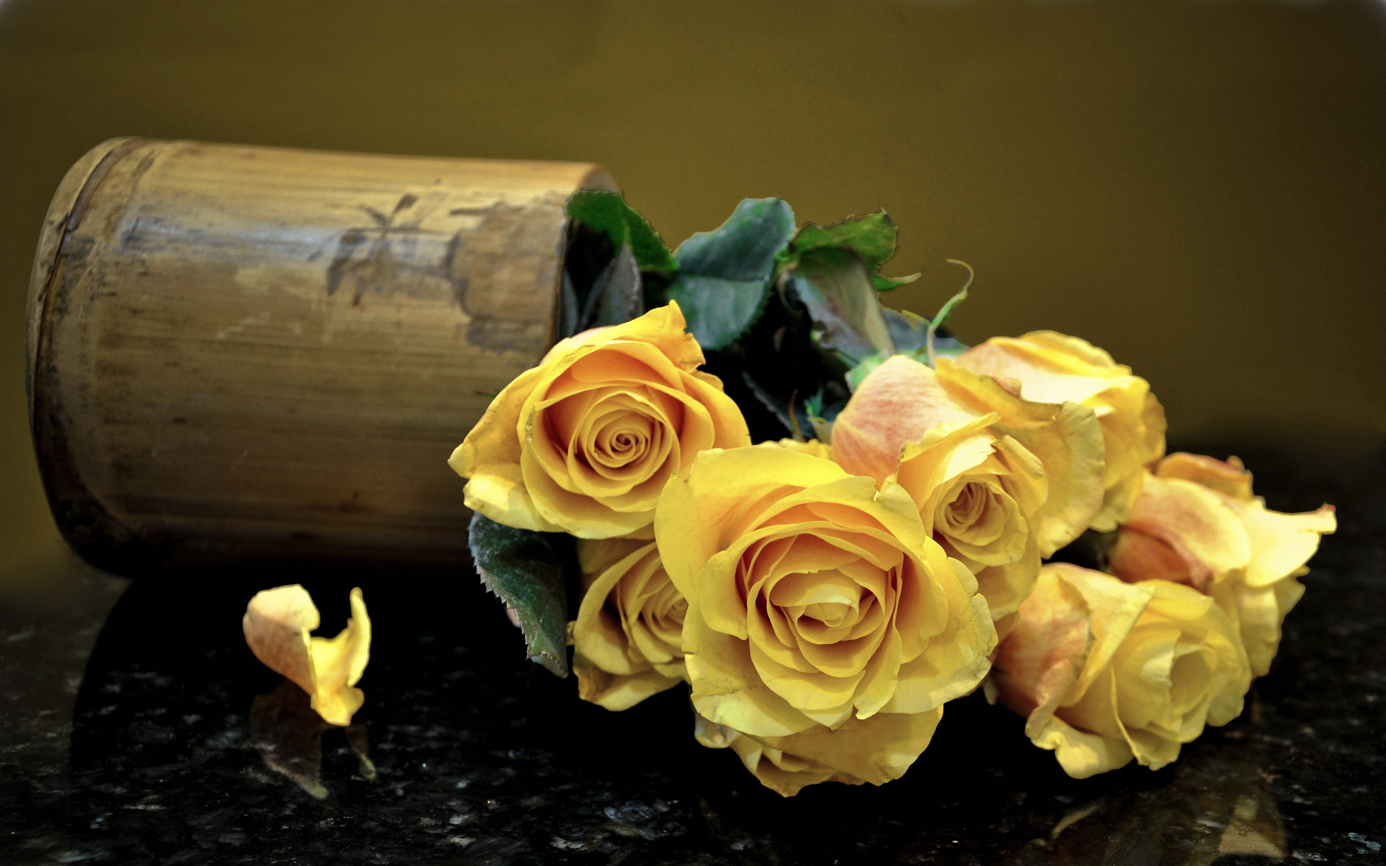 Laden Sie das Blätter, Vase, Oberfläche, Roses, Blumen-Bild kostenlos auf Ihren PC-Desktop herunter