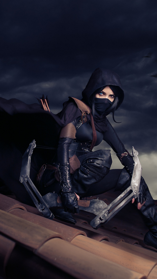women, cosplay, bow, mask, thief (video game), roof