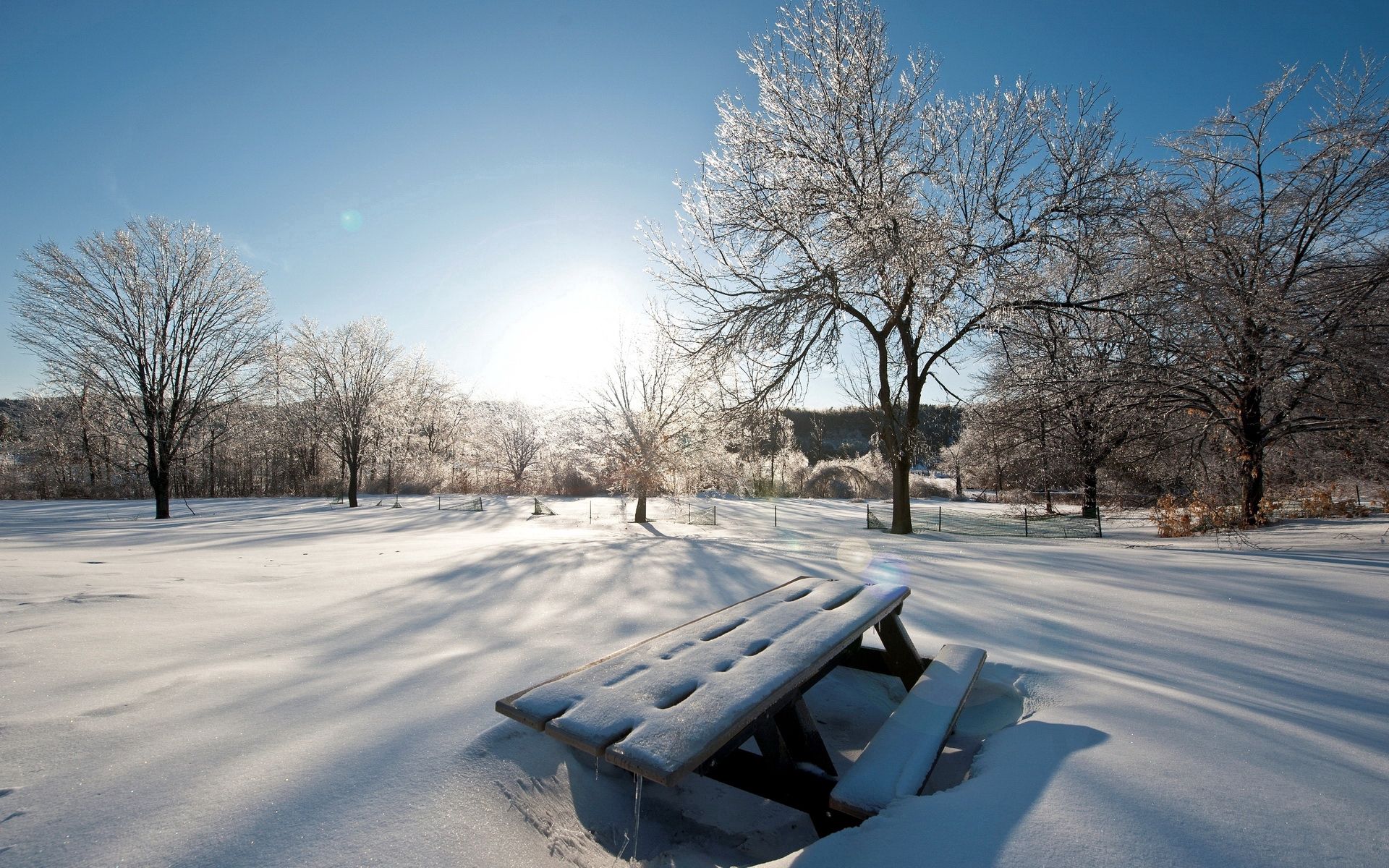 winter, nature, sky, sun, snow, shine, light, park, table, drifts, benches, cover, clear, i see HD wallpaper