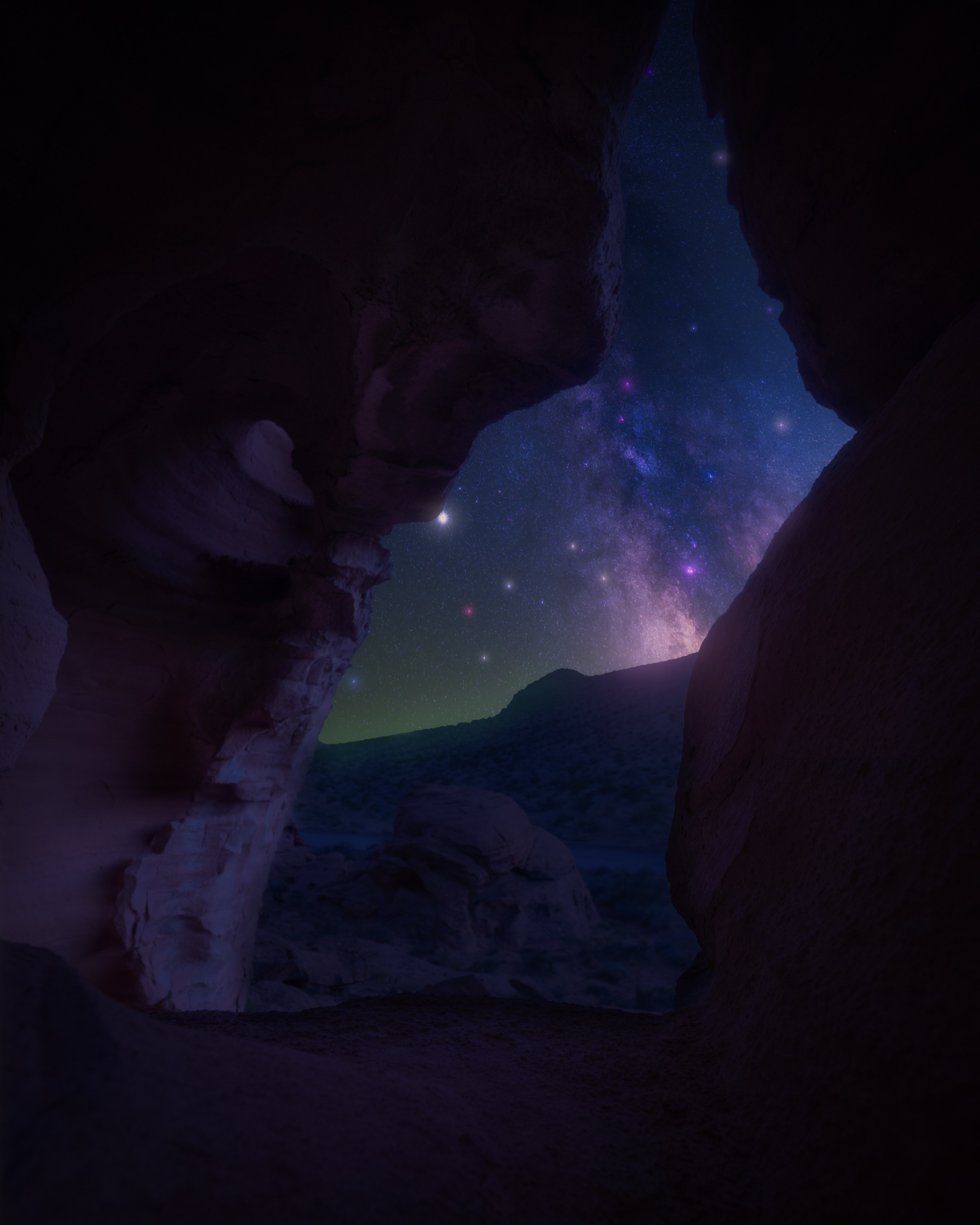 cave, dark, night, rocks, nebula, gorge UHD