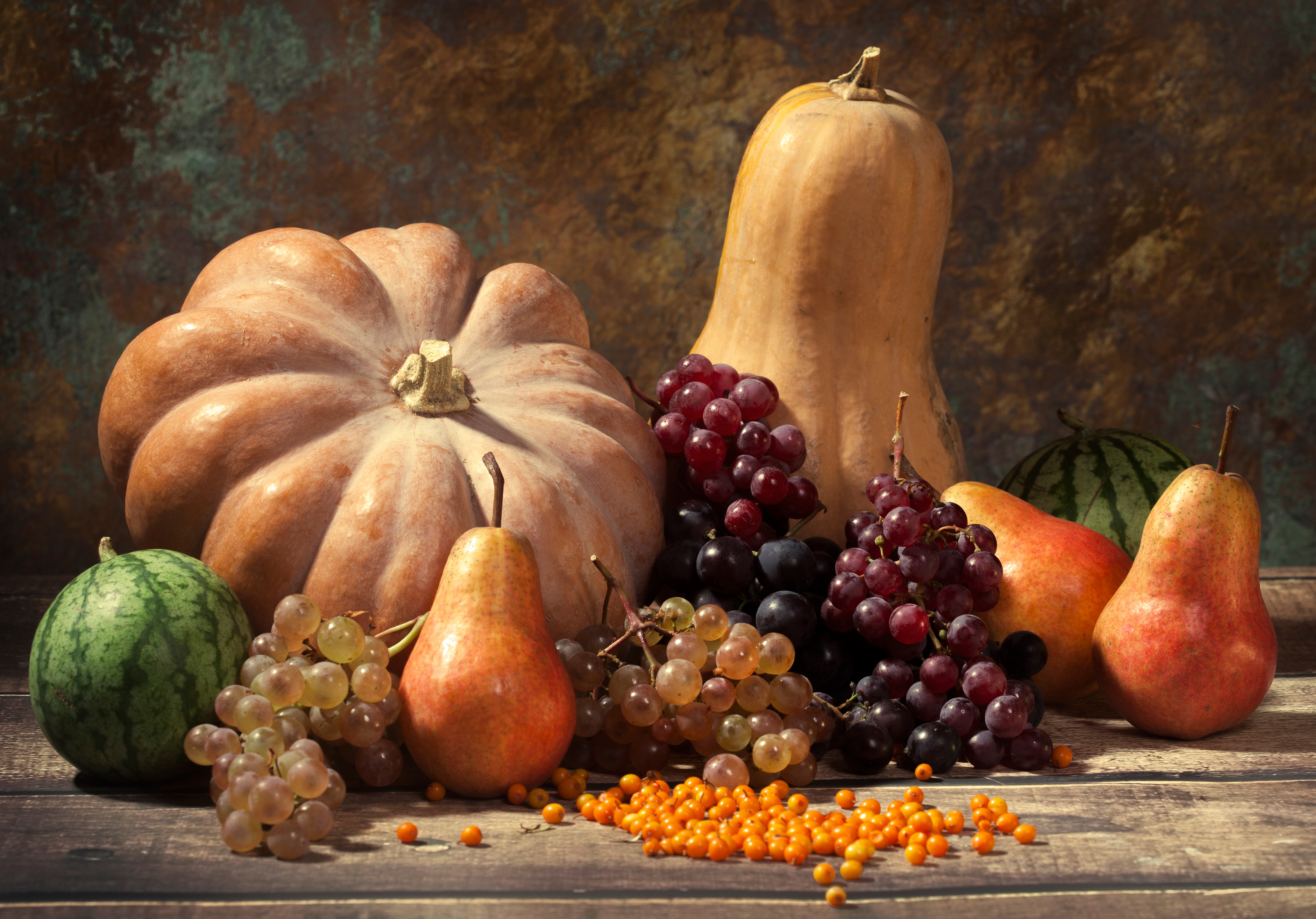 pumpkin, pear, food, still life, fall, grapes, harvest Full HD