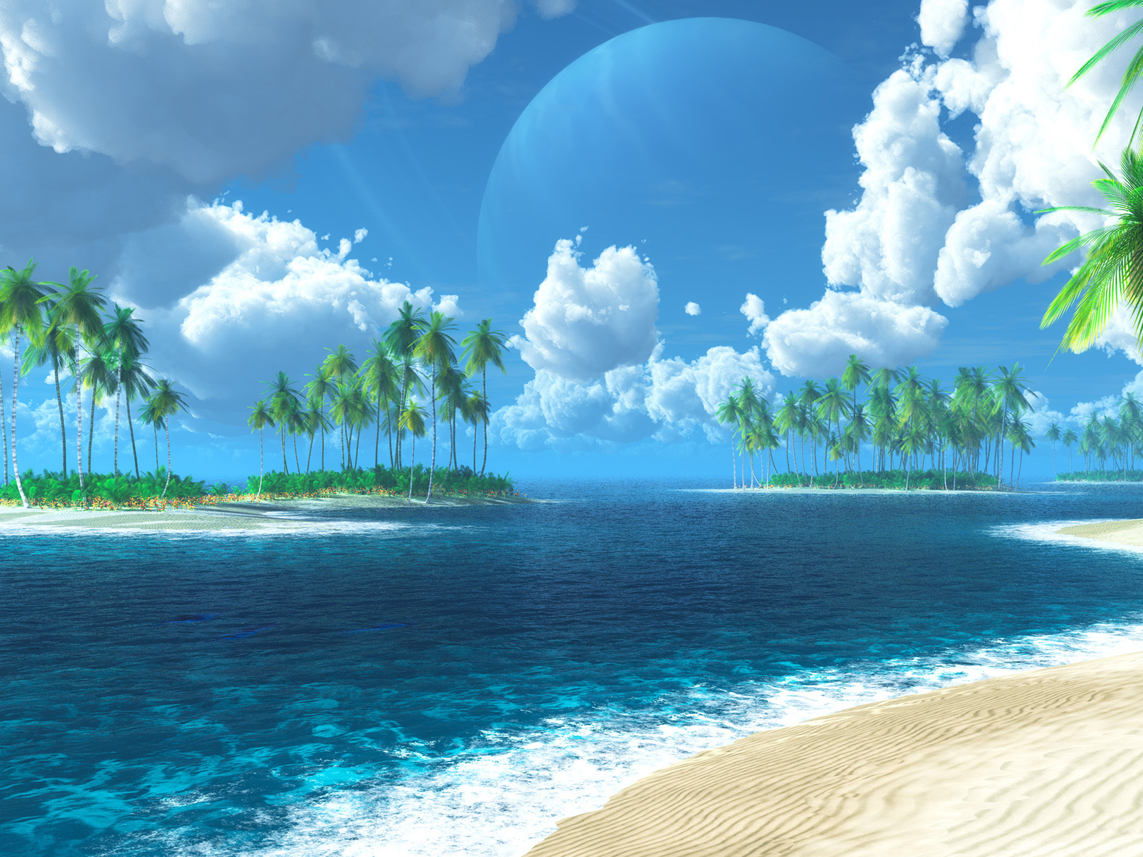 21387 Hintergrundbild herunterladen palms, landschaft, sea, clouds, strand, blau - Bildschirmschoner und Bilder kostenlos