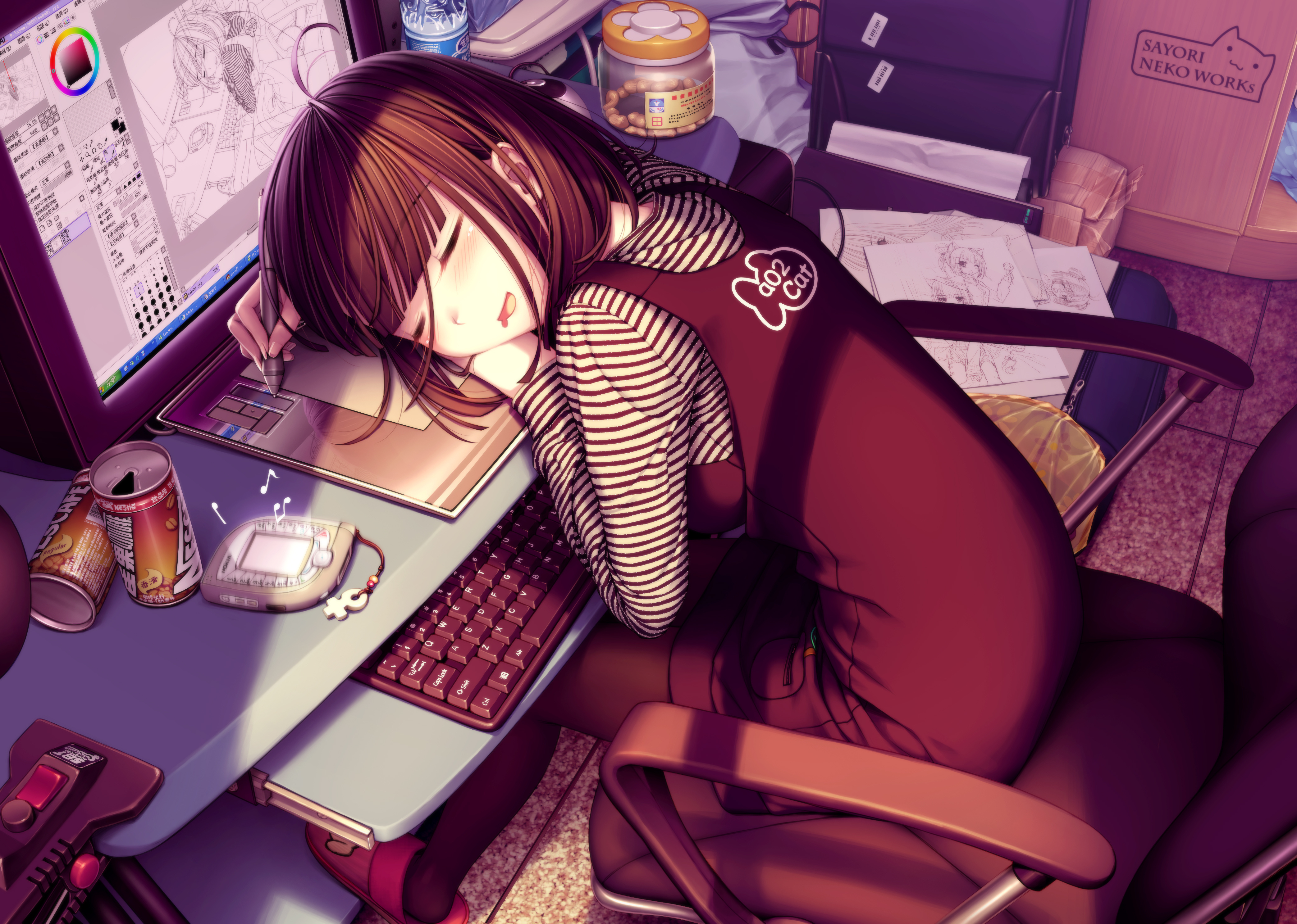 girl, sleeping, computer, anime, brown hair HD wallpaper