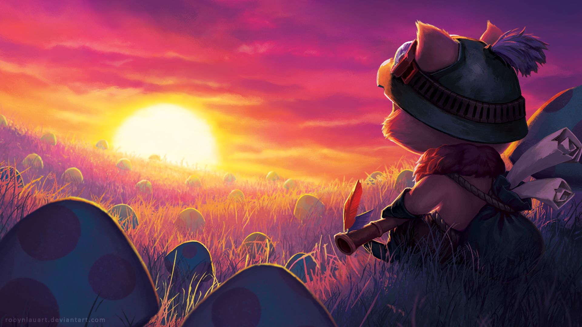 sunset, mushroom, league of legends, video game, field, teemo (league of legends) Phone Background