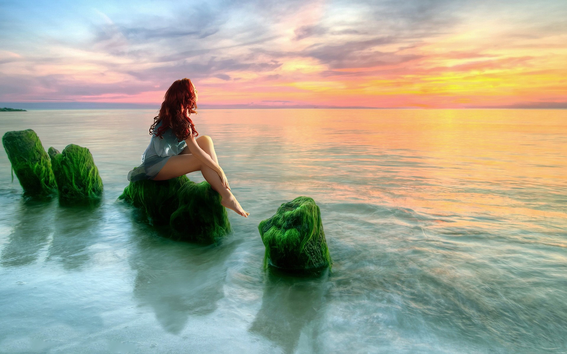 redhead, mood, women, barefoot, moss, ocean, sunset Phone Background