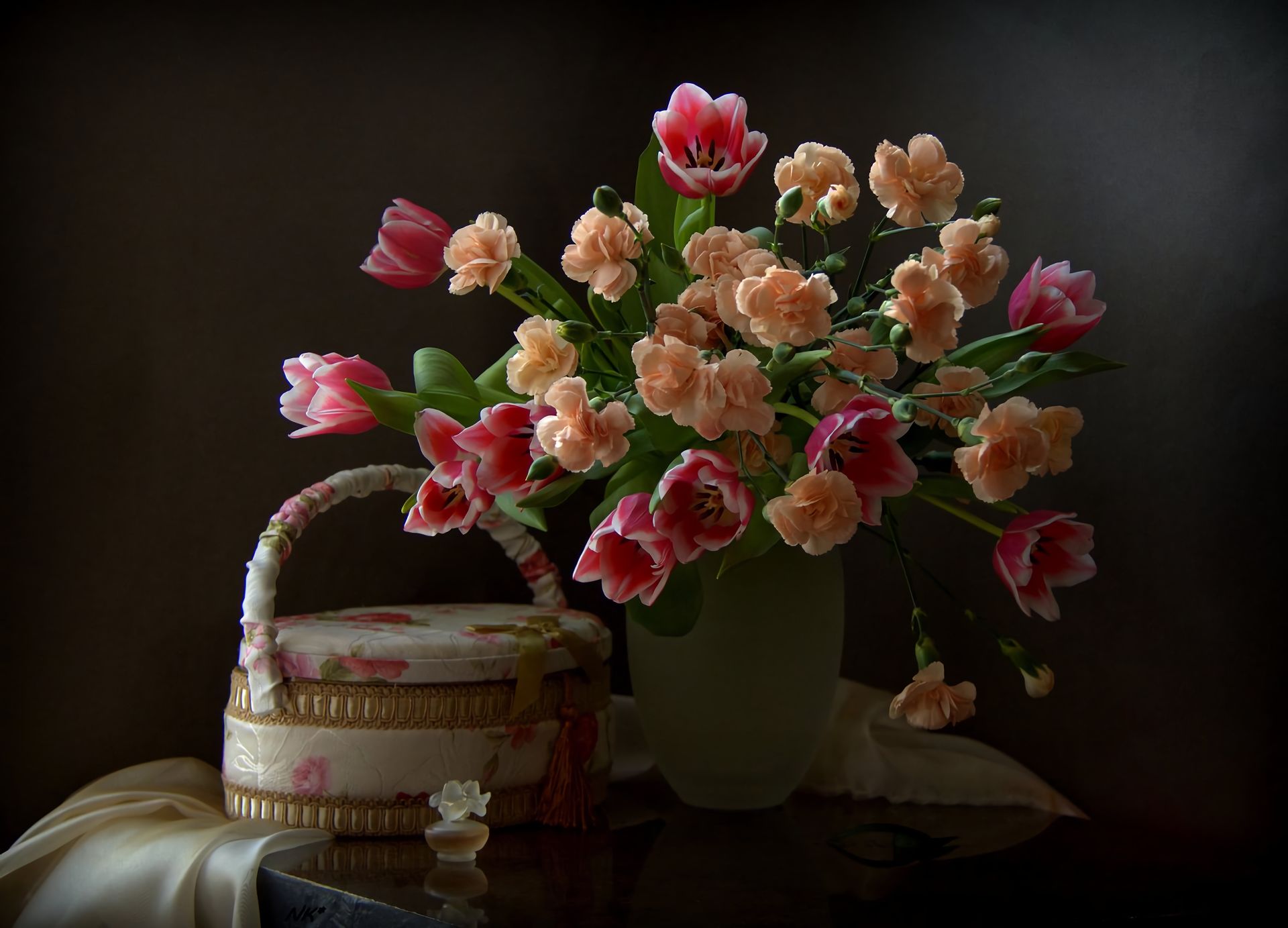 flower, photography, still life, basket, carnation, colorful, colors, peach flower, pink flower, tulip Free Stock Photo