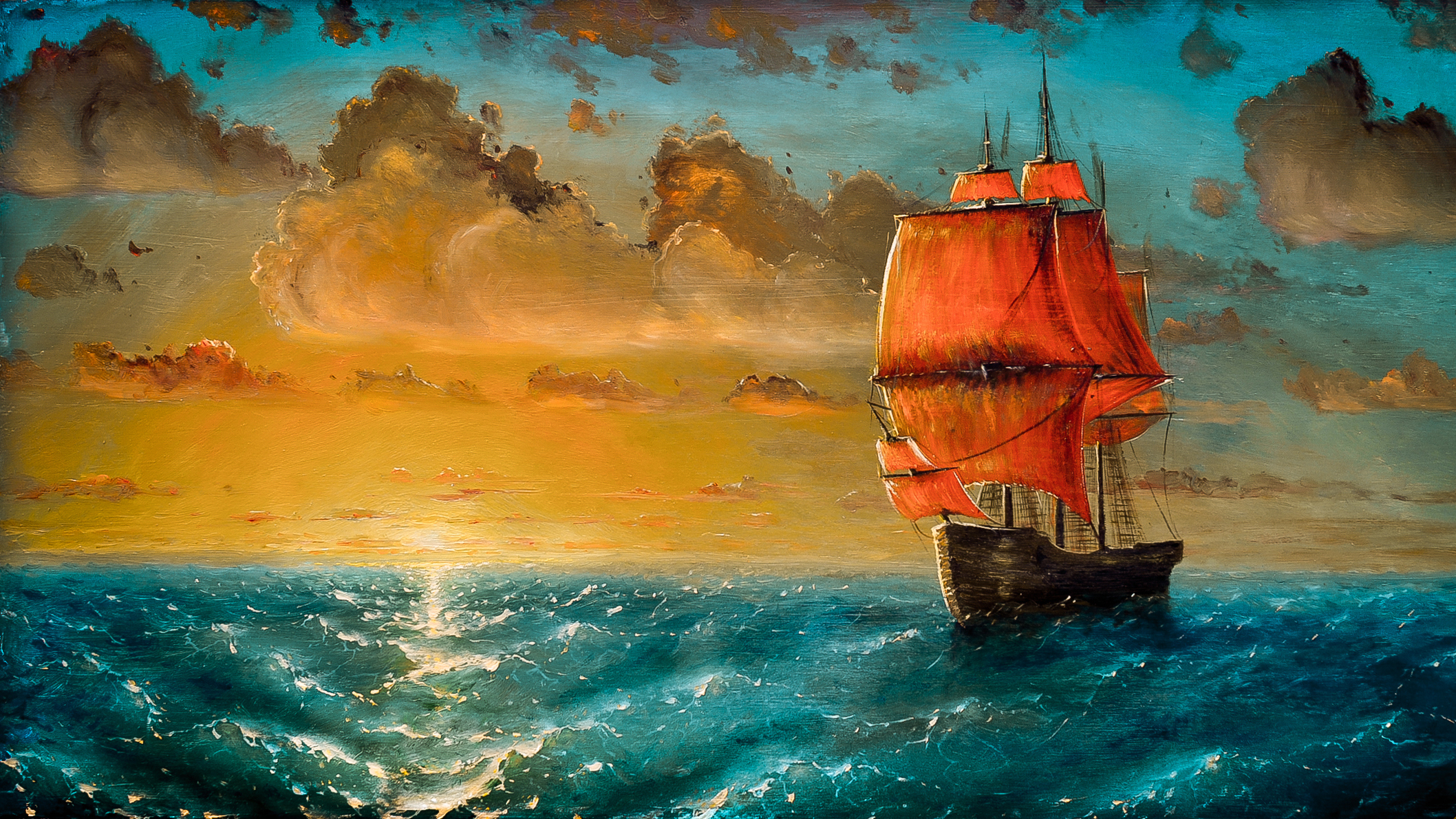 sea, sunset, wave, artistic, painting, cloud, sailboat, ship wallpapers for tablet