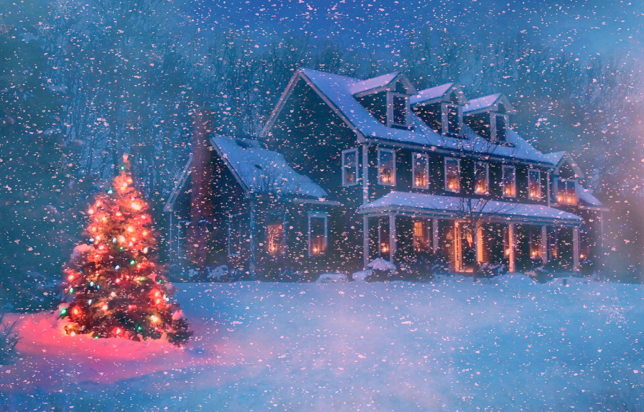 802693 Hintergrundbild herunterladen schnee, schneefall, feiertage, weihnachten, weihnachtsbaum, haus, licht - Bildschirmschoner und Bilder kostenlos