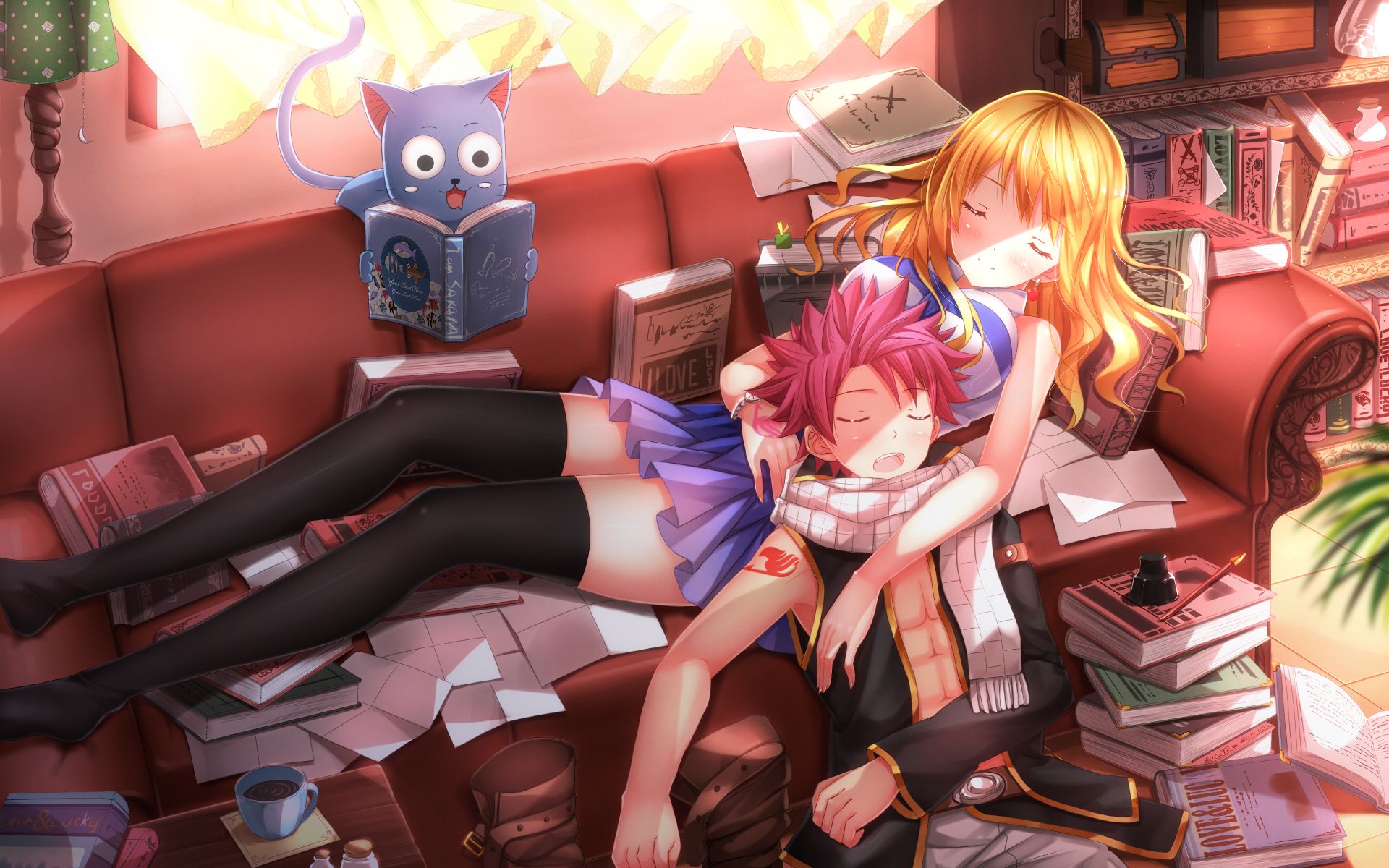 blush, lying down, sleeping, anime, fairy tail, blonde, book, happy (fairy tail), lucy heartfilia, nalu (fairy tail), natsu dragneel, pink hair, scarf, skirt, thigh highs phone background