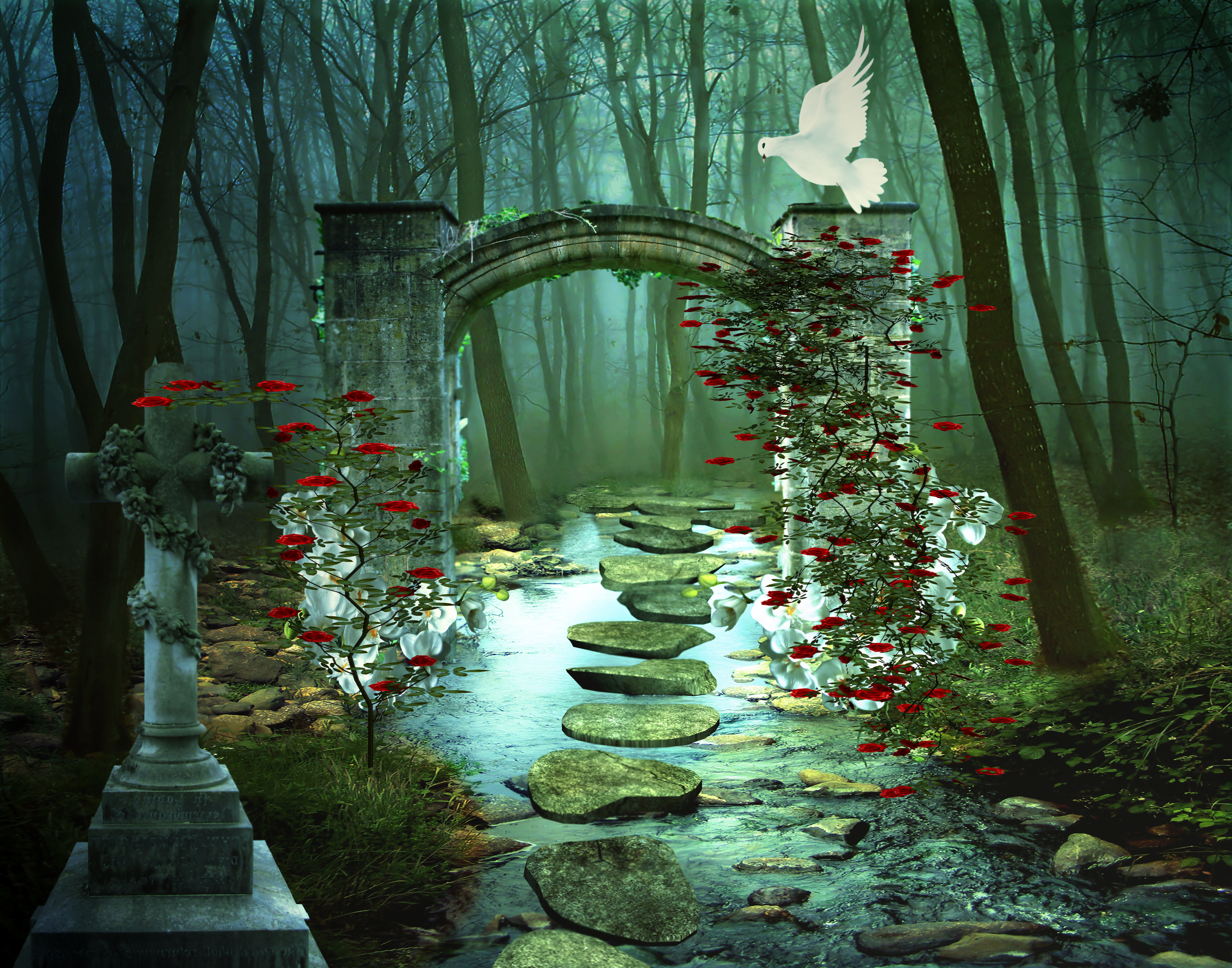 dove, arch, artistic, forest, columns, magical, red rose, stone