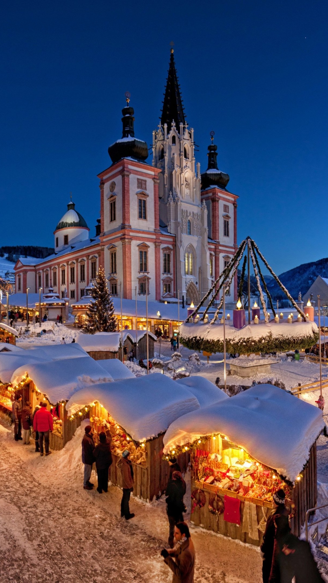 night, holiday, christmas, city, square, people, snow, market, light, decoration, building