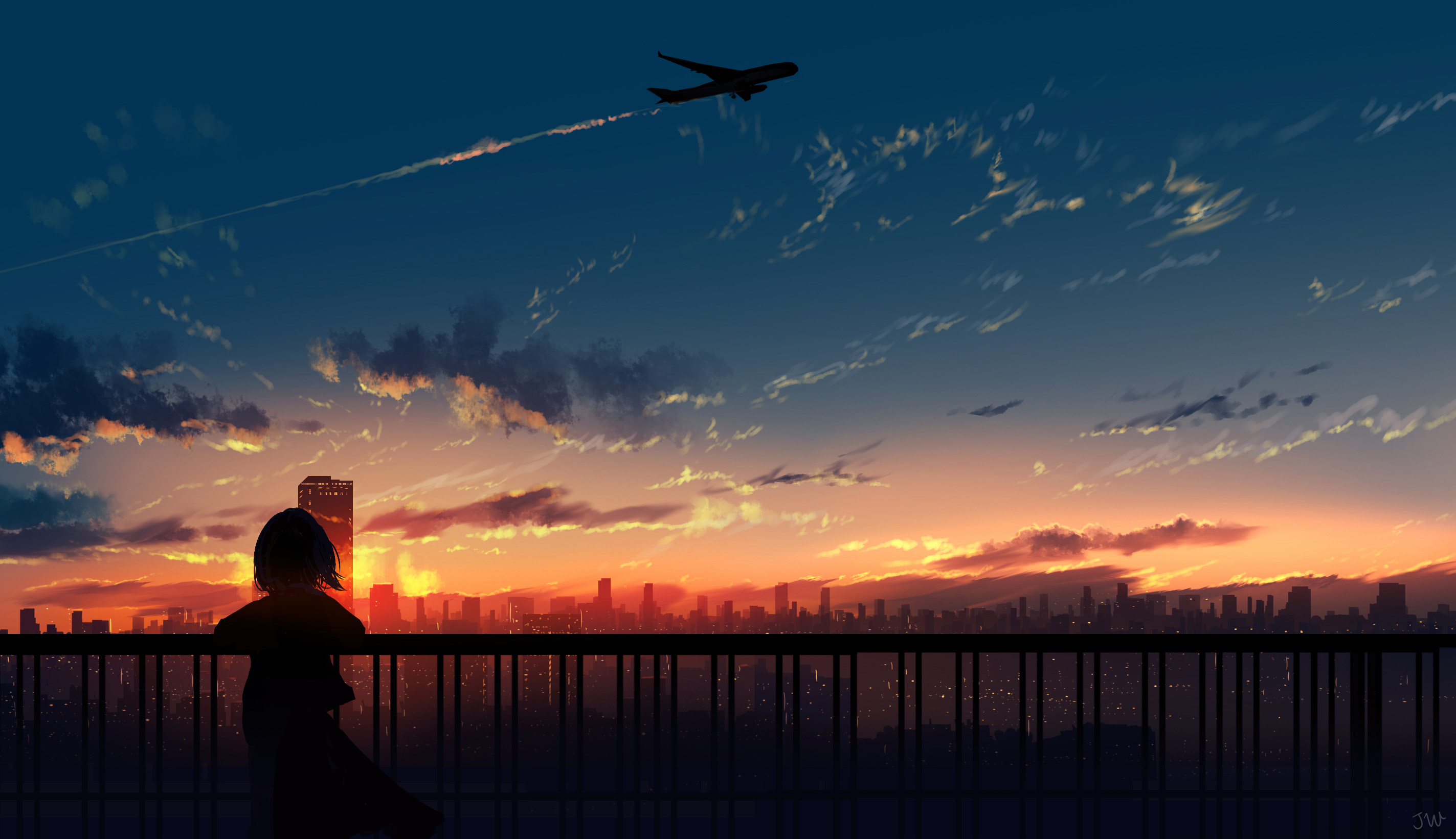 Девушка и самолет в небе закат