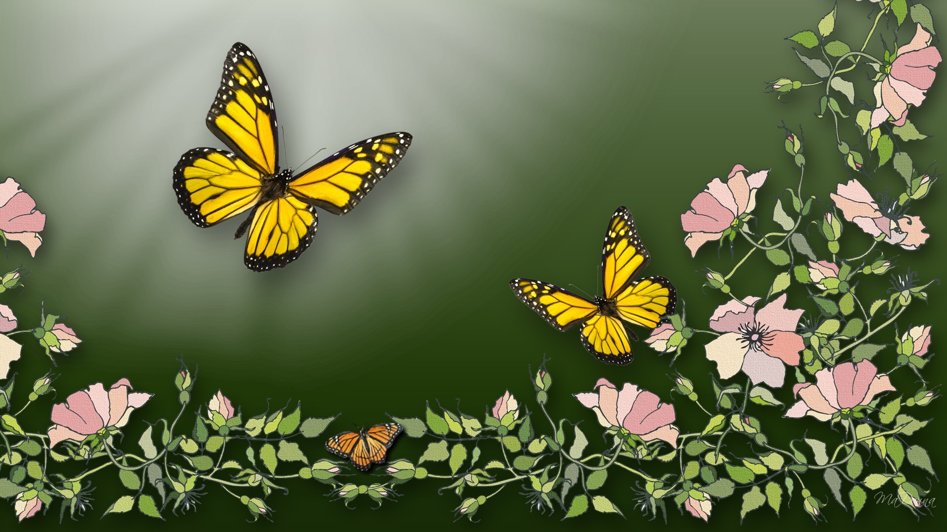 Download mobile wallpaper Pink, Vine, Flower, Leaf, Butterfly, Artistic, Ivy for free.
