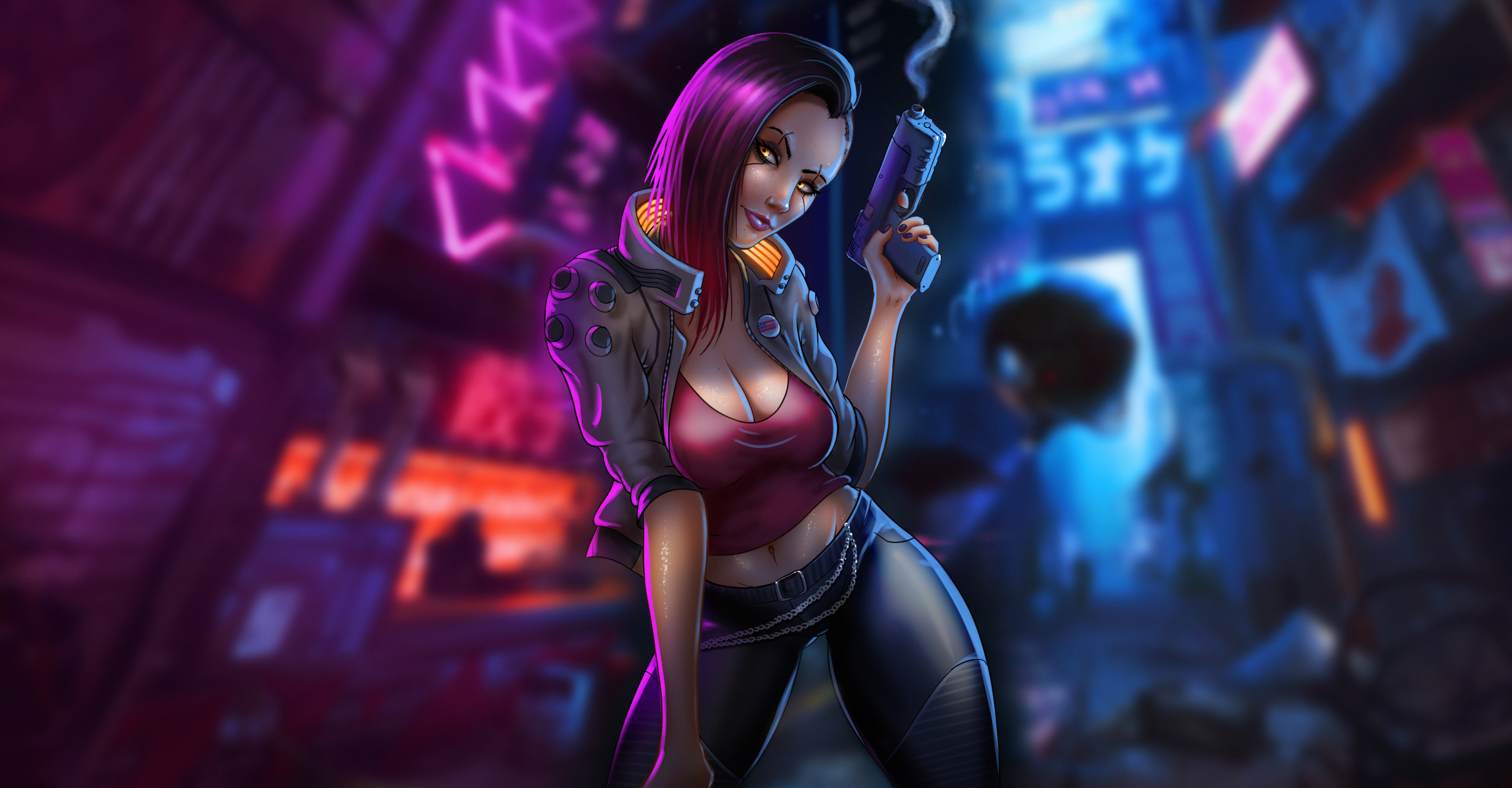 956077 скачать картинку женщина воин, киберпанк 2077, оружие, видеоигры, киборги, пистолет, фиолетовые волосы - обои и заставки бесплатно