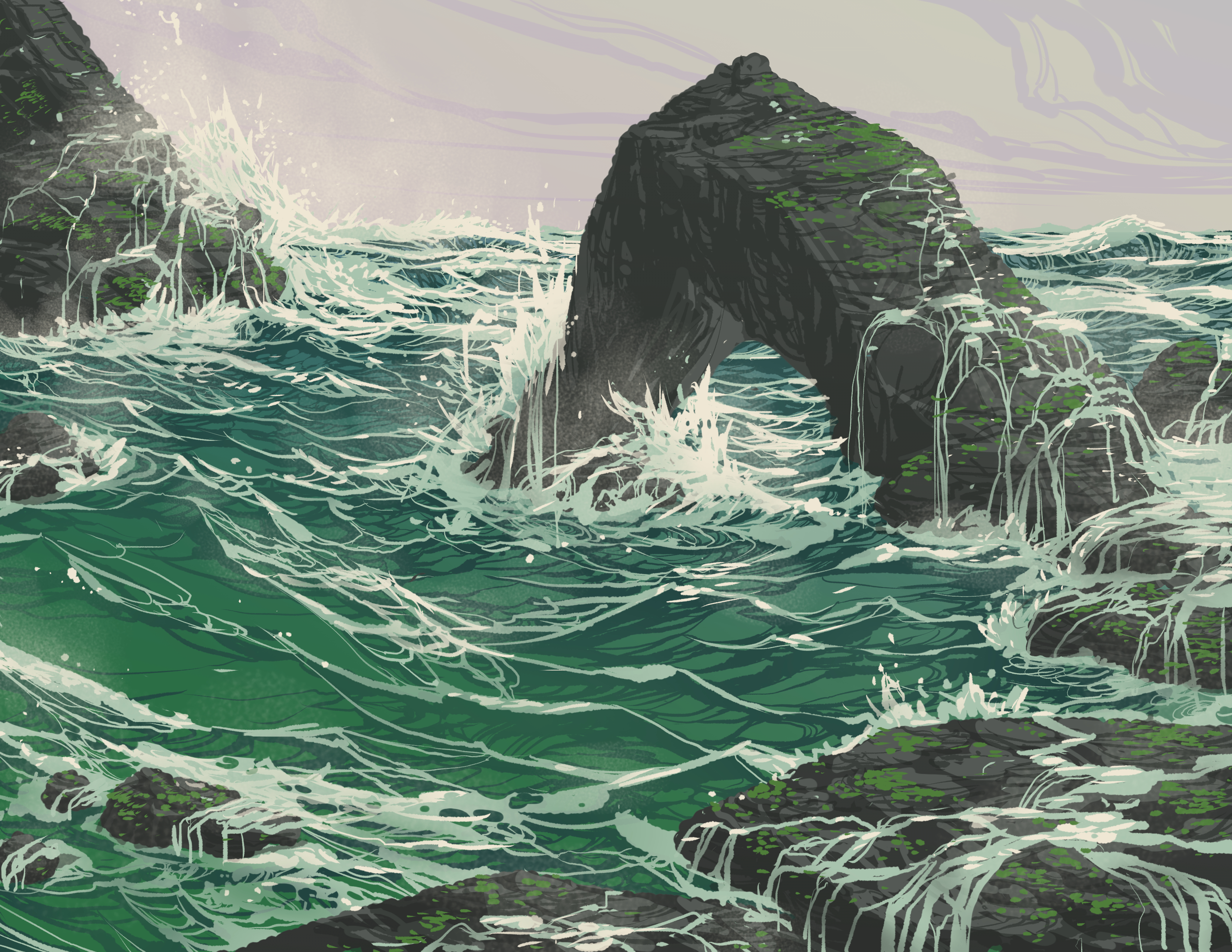 Free download wallpaper Vector, Rock, Art, Waves, Sea on your PC desktop