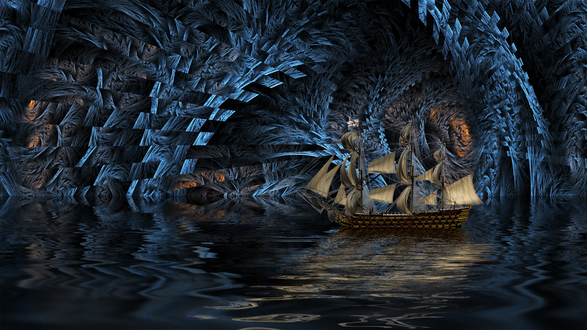 water, illusion, sailboat, cave, ship, fantasy, boat, fractal Free Stock Photo
