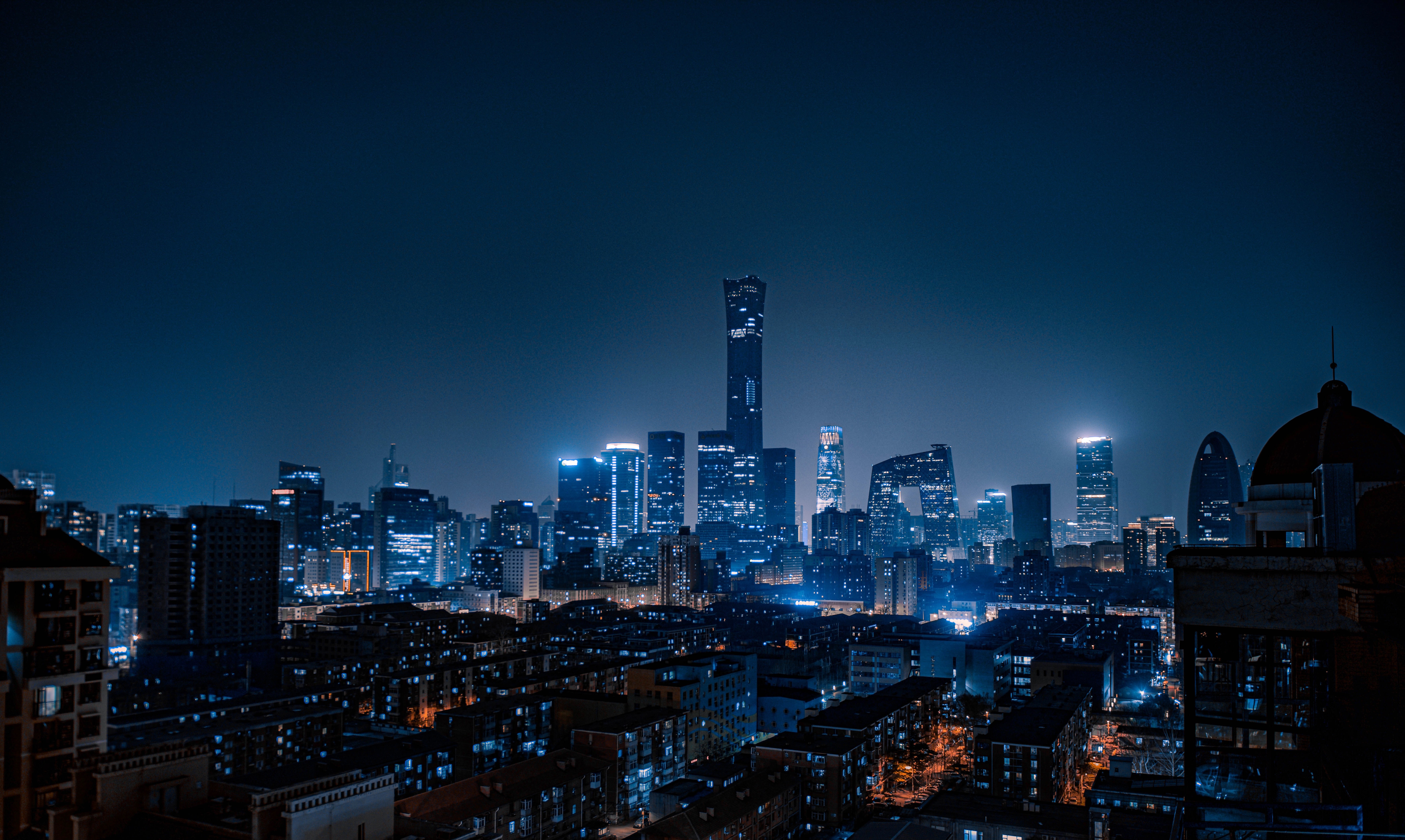 night, view from above, cities, city, building, lights, china, beijing Panoramic Wallpaper