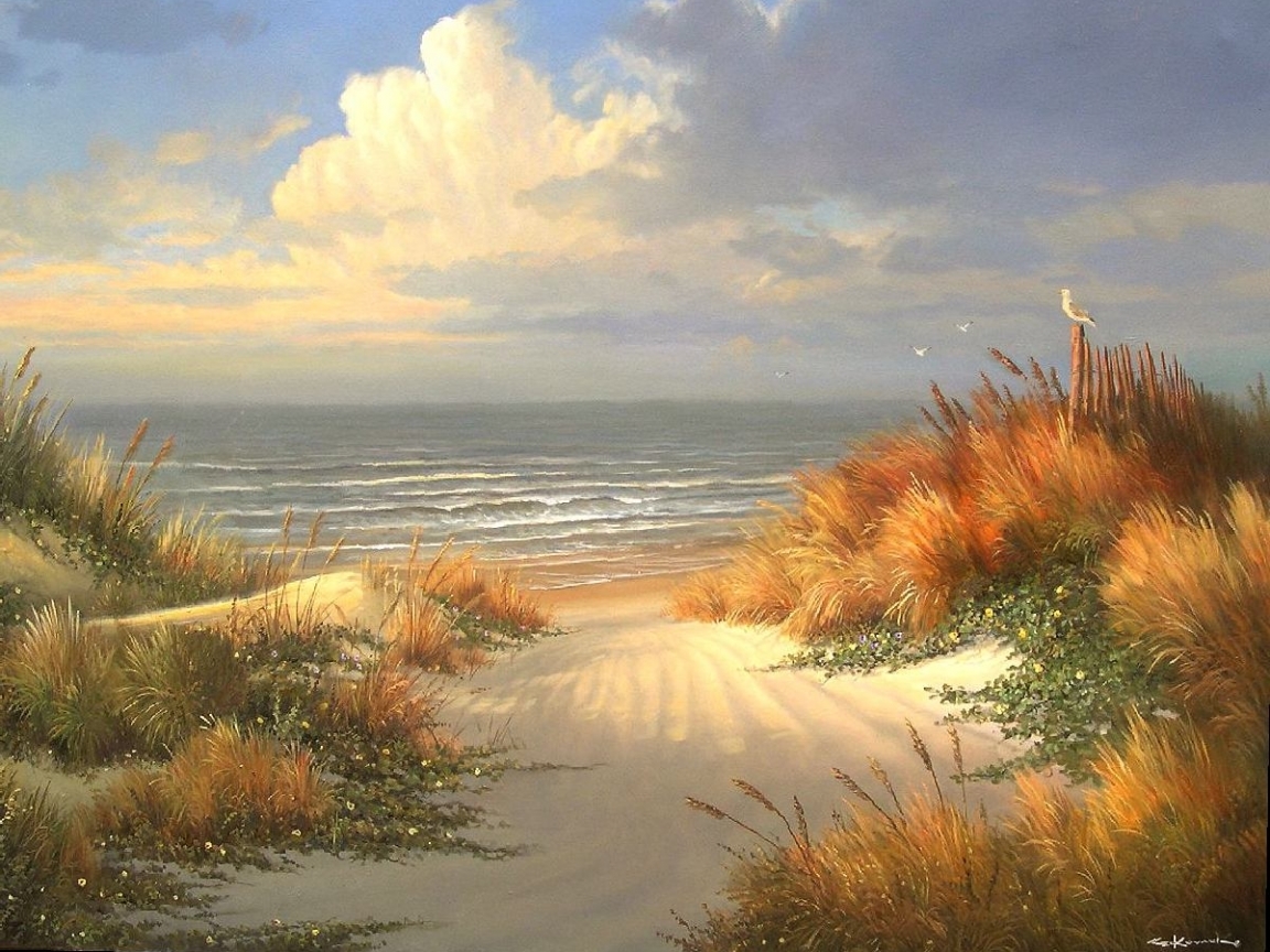 paintings, landscape, sea, beach 1080p