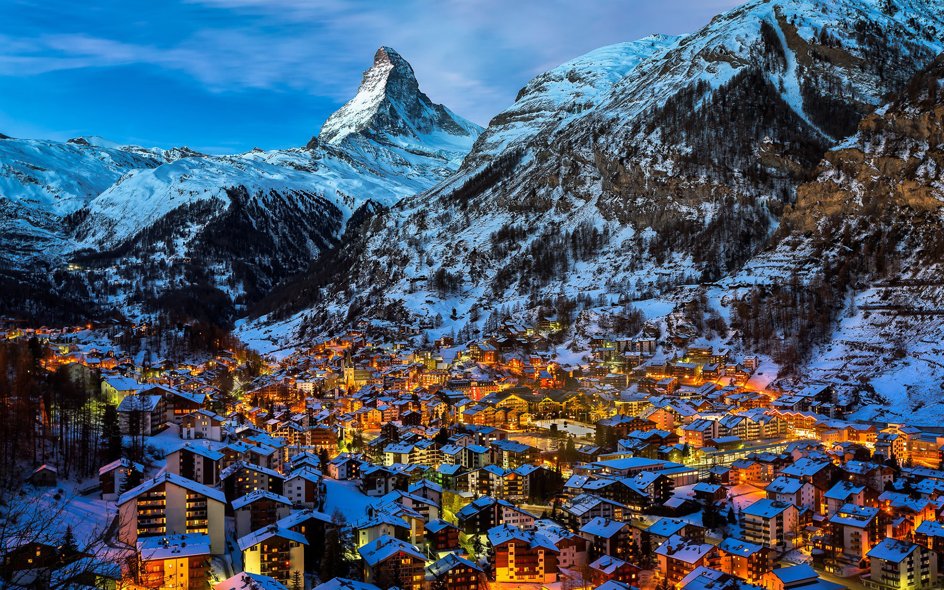 towns, man made, zermatt, alps, city, light, night Full HD