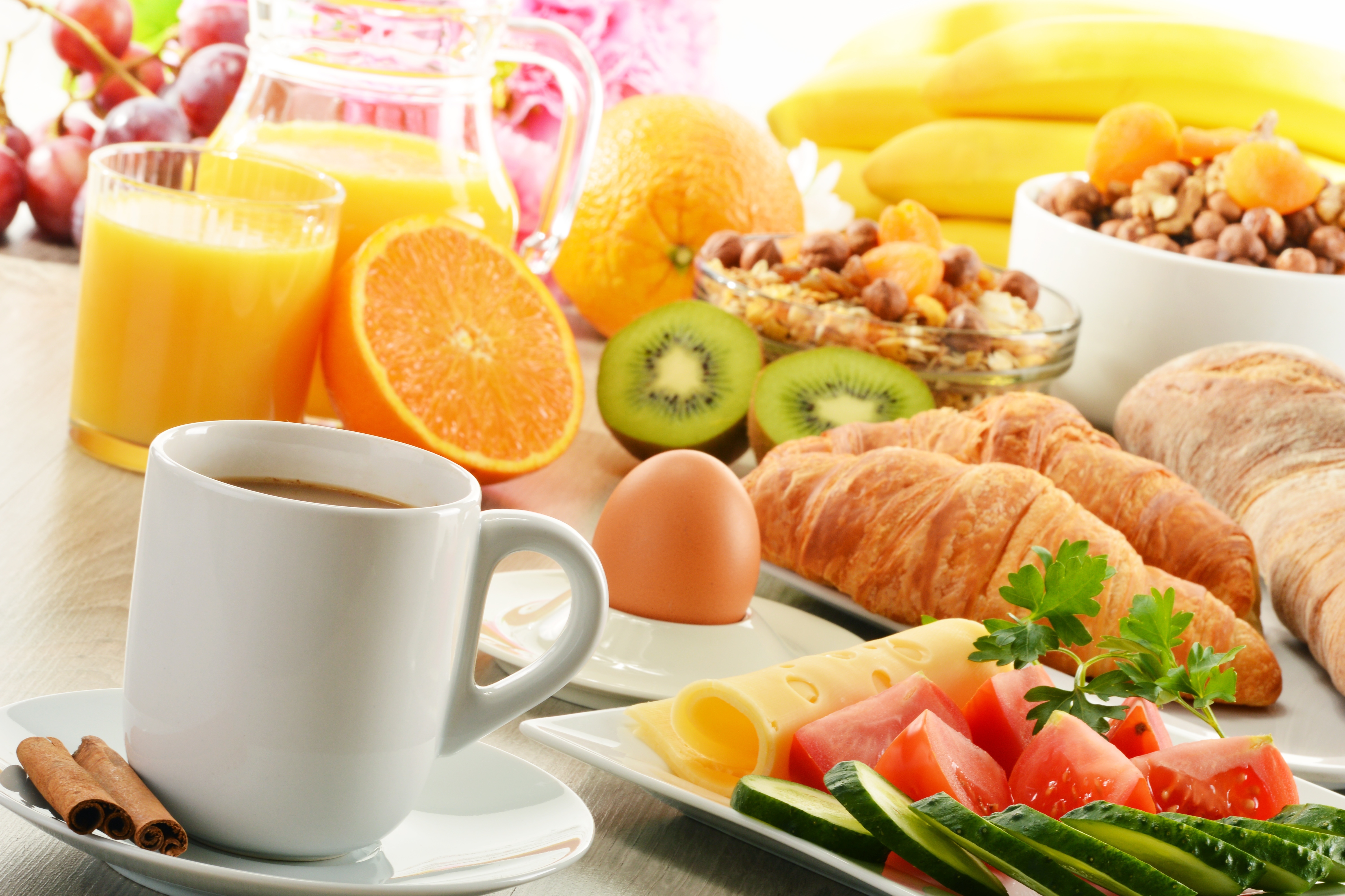 food, breakfast, cereal, cinnamon, coffee, croissant, cup, glass, juice, orange (fruit), still life