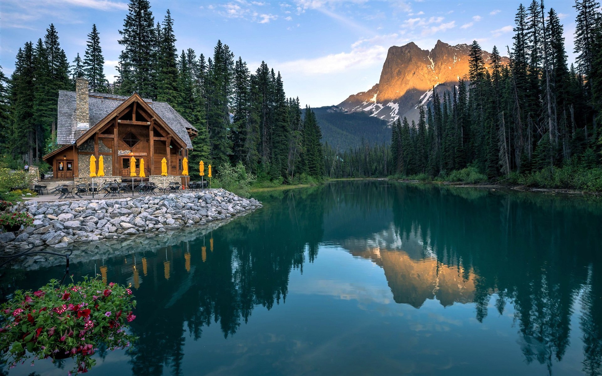 man made, cabin, lake, mountain, restaurant, tree, wooden