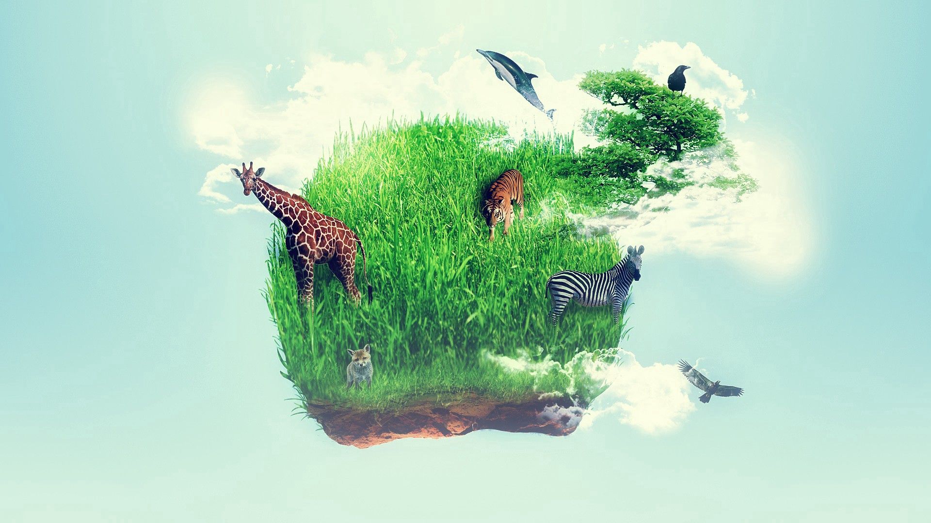 Free download wallpaper Grass, Imagination, Giraffe, Island, Animals, Abstract on your PC desktop