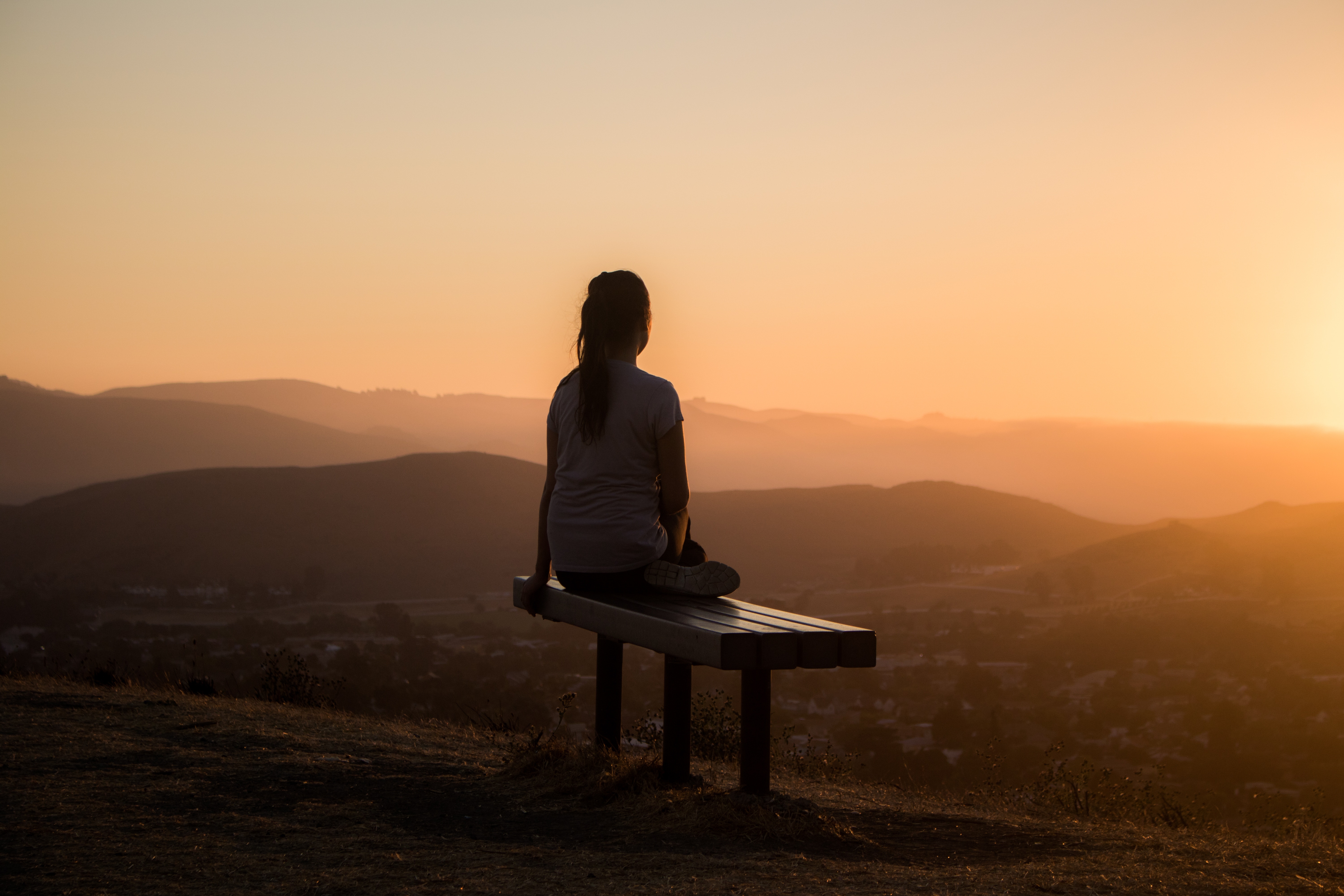 loneliness, privacy, girl, bench, dark, sunset, mountains, seclusion Full HD
