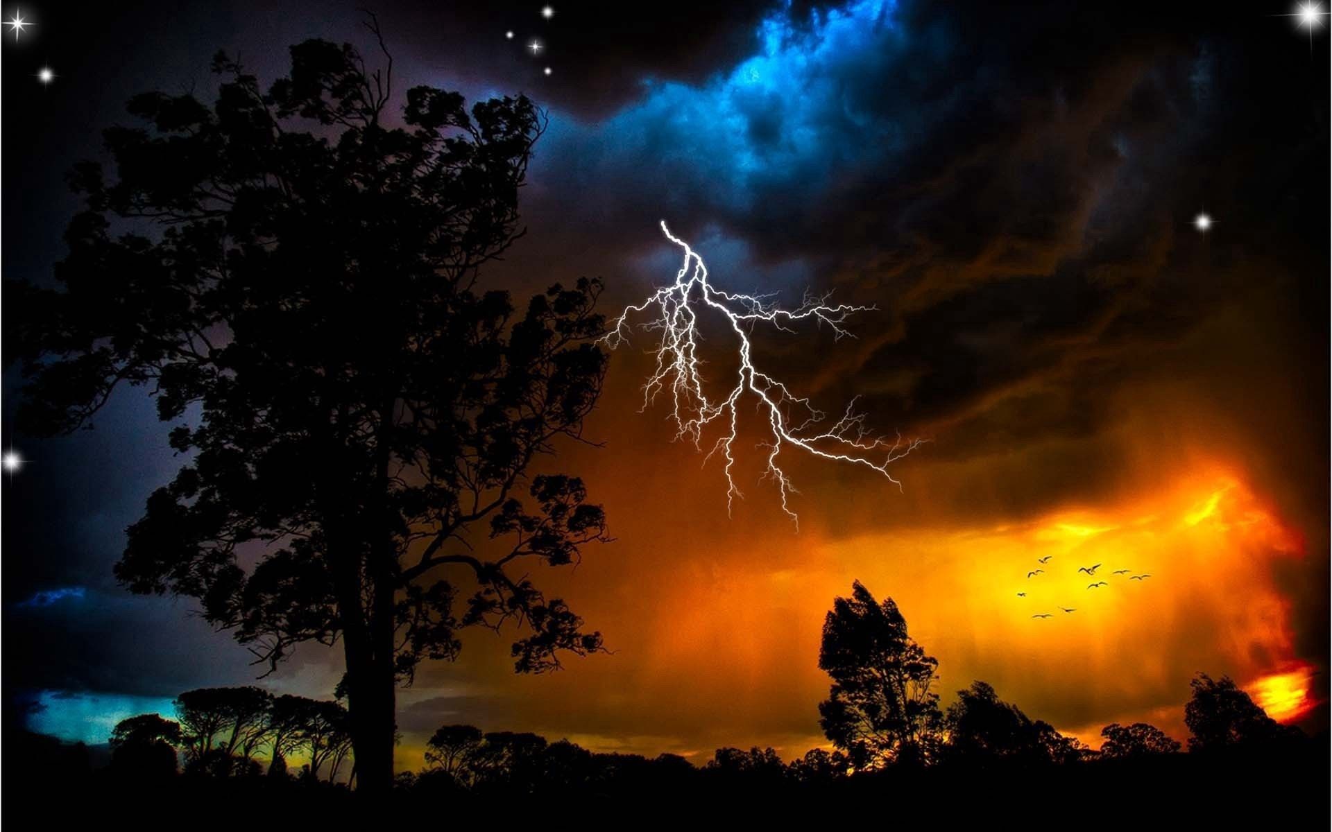 lightning, nature, bad weather, trees, outlines, stars, birds, sky, night, orange HD wallpaper