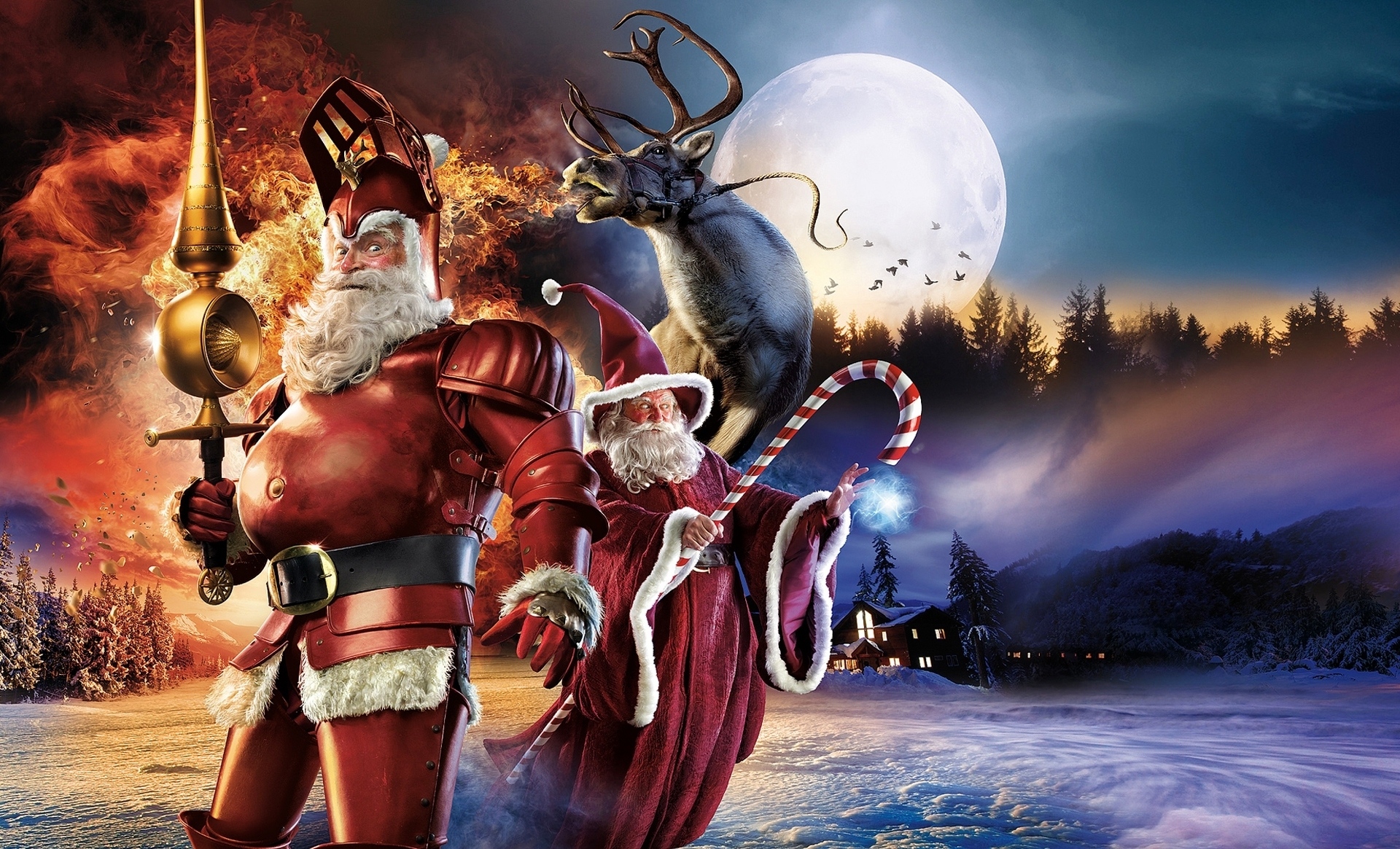 humor, christmas, fantasy, moon, reindeer, santa claus, santa, wizard