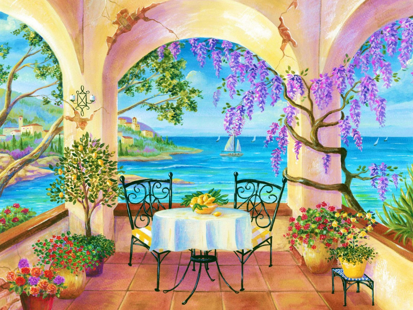 artistic, painting, columns, flower, ocean, porch, tropical wallpaper for mobile