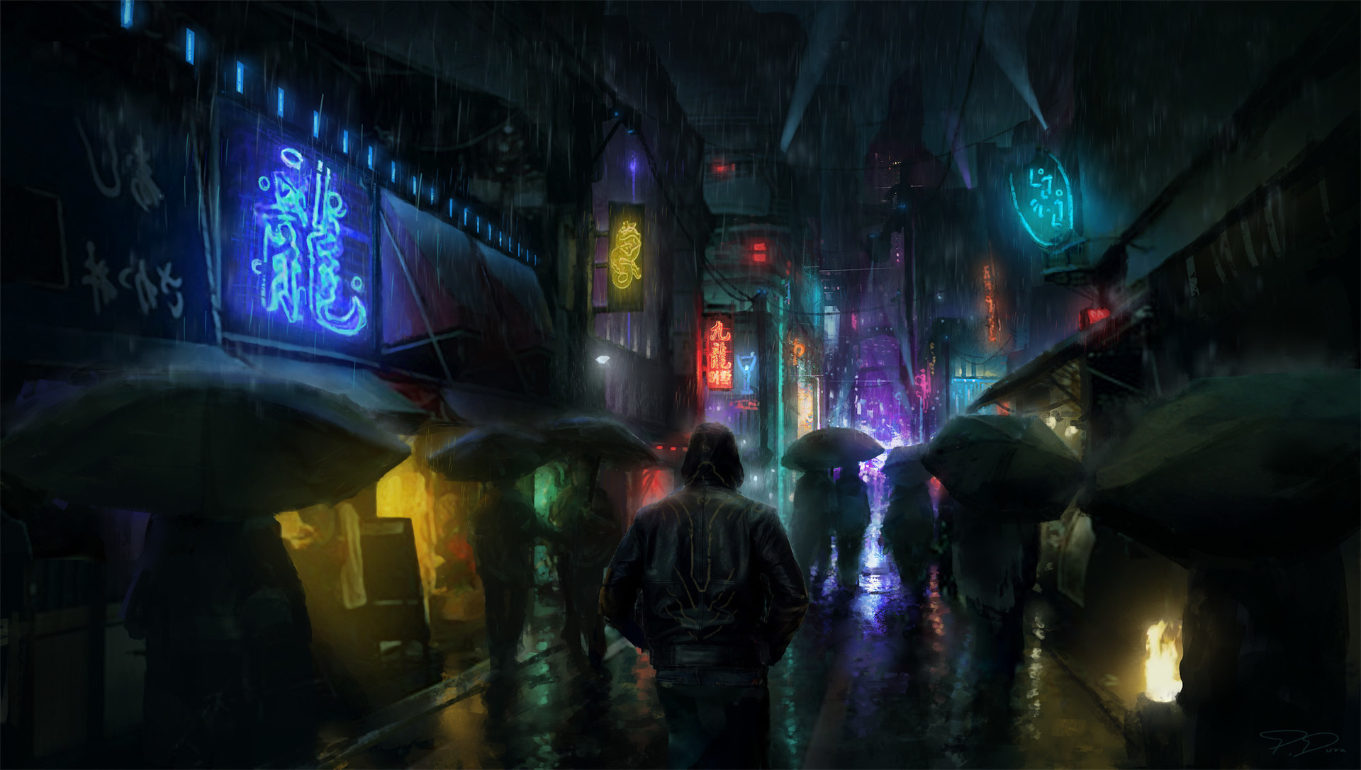 Free download wallpaper People, Rain, Night, Light, Cyberpunk, Sci Fi, Umbrella on your PC desktop