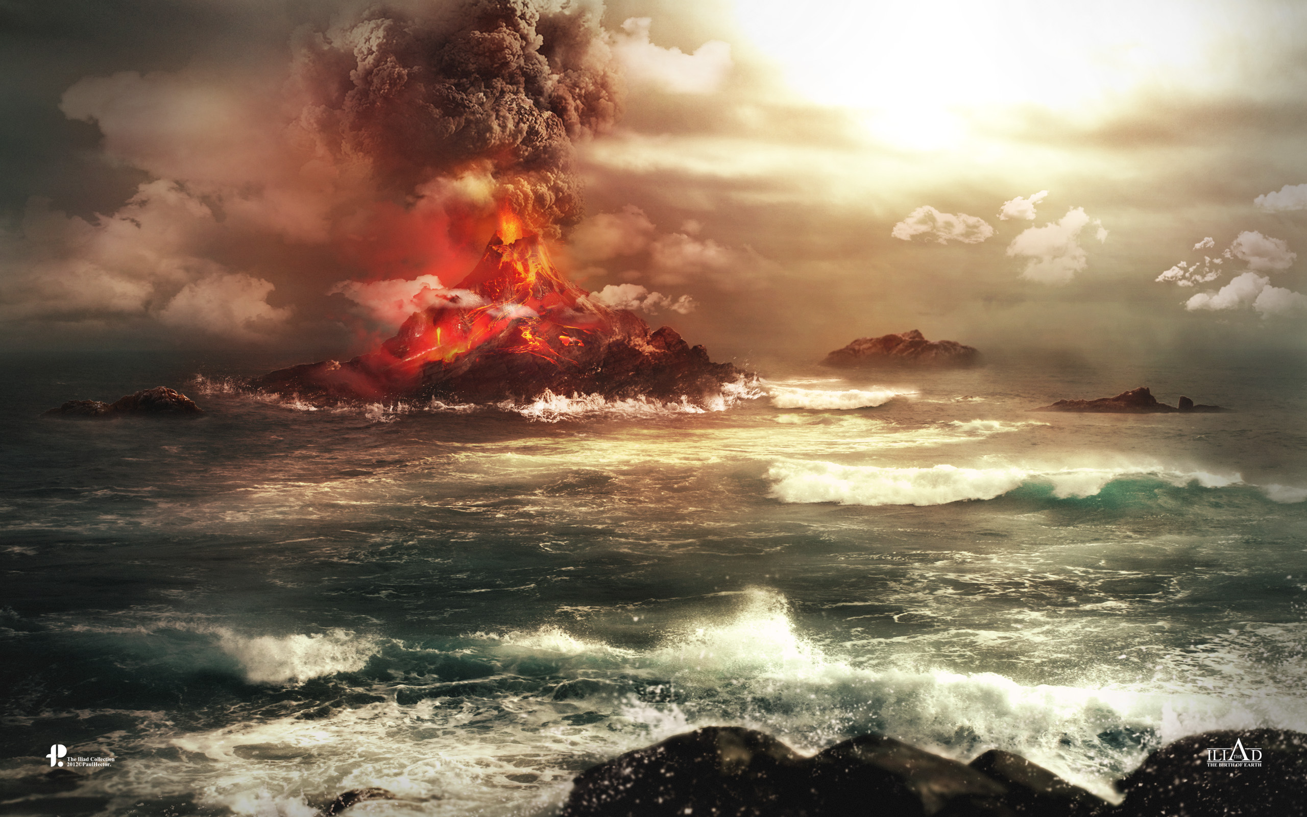 earth, volcano, eruption, flame, lava, ocean, smoke, volcanoes