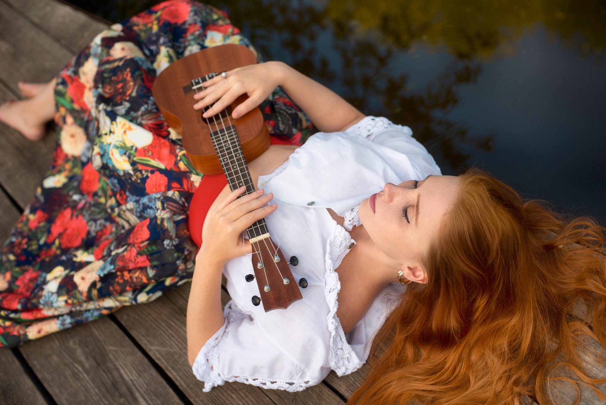 ukulele, guitar, women, mood, instrument, lying down, model, redhead cell phone wallpapers