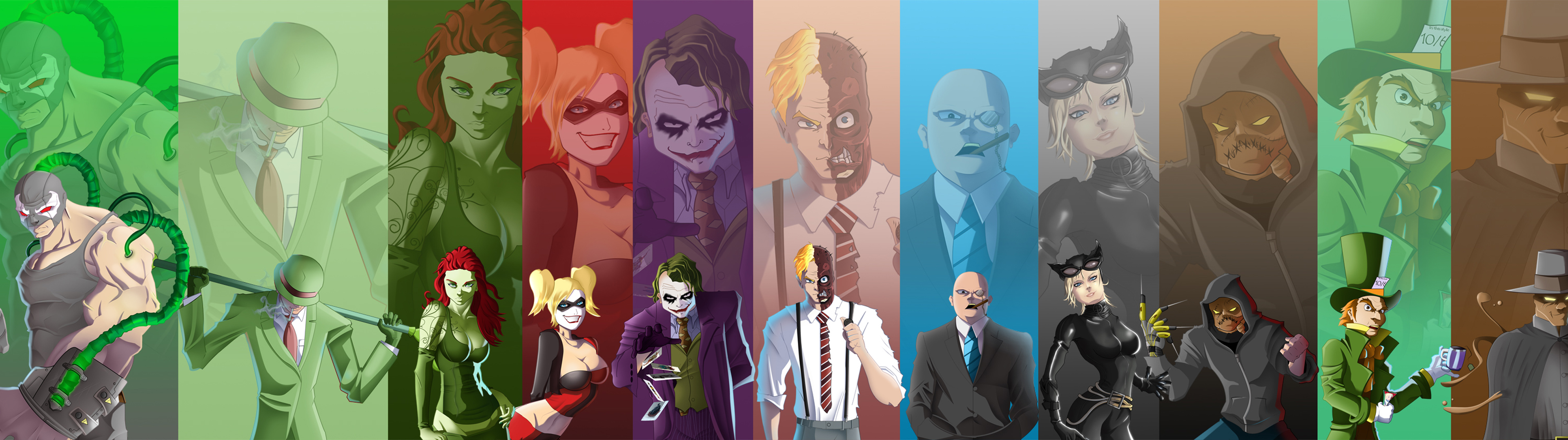 wallpapers riddler (dc comics), comics, batman, bane (dc comics), catwoman, harley quinn, joker, poison ivy, two face
